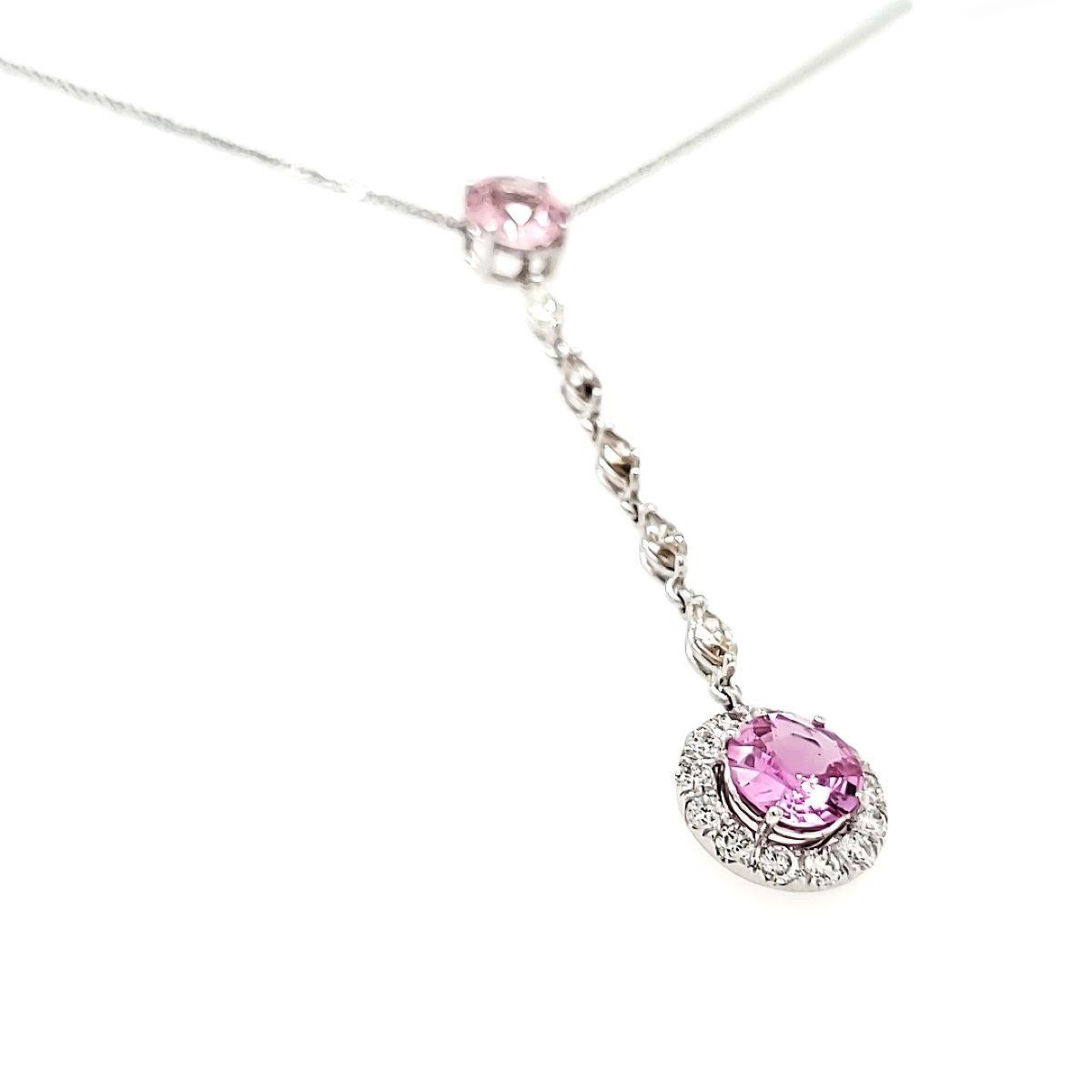 Round Cut Pink Sapphire Cts 2.44 and Marquise Diamond Cts 0.42 Drop Pendant Necklace For Sale