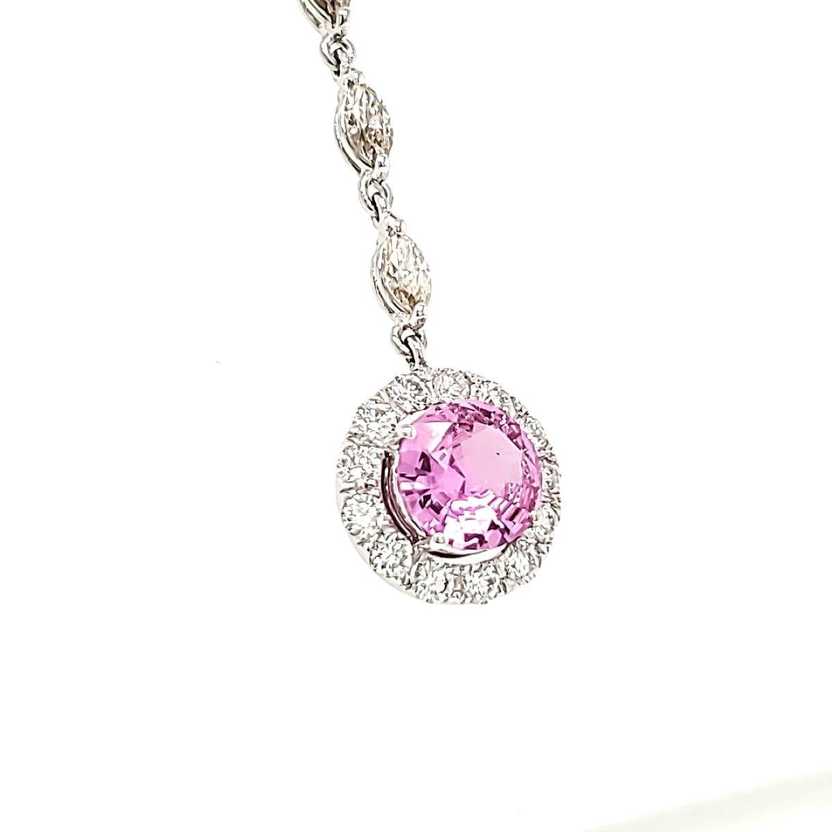Pink Sapphire Cts 2.44 and Marquise Diamond Cts 0.42 Drop Pendant Necklace In New Condition For Sale In Hong Kong, HK
