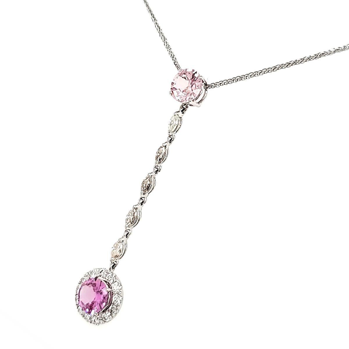 Pink Sapphire Cts 2.44 and Marquise Diamond Cts 0.42 Drop Pendant Necklace For Sale 1