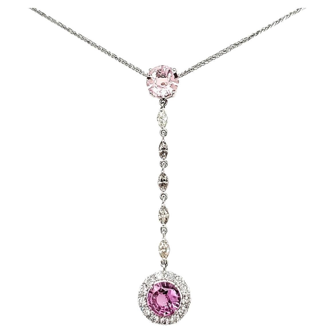 Pink Sapphire Cts 2.44 and Marquise Diamond Cts 0.42 Drop Pendant Necklace For Sale