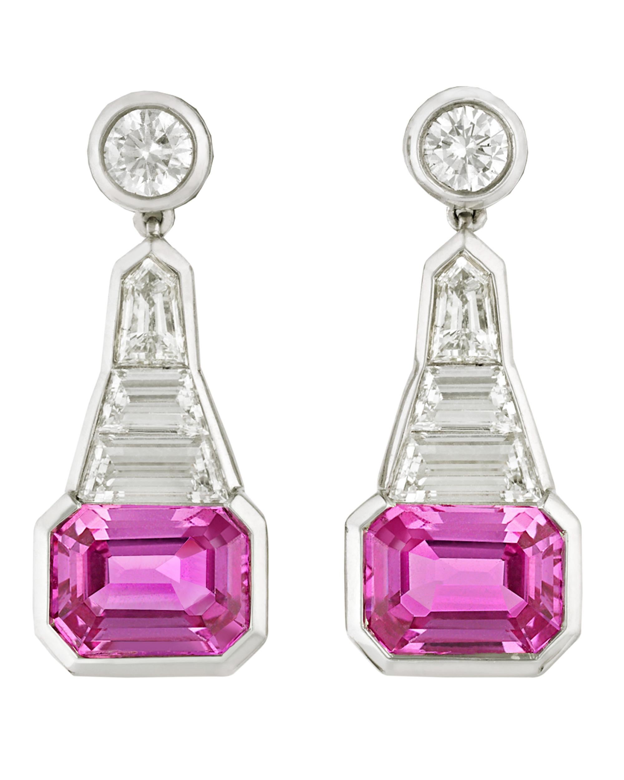 Modern Pink Sapphire Dangle Earrings, 3.60 Carats For Sale