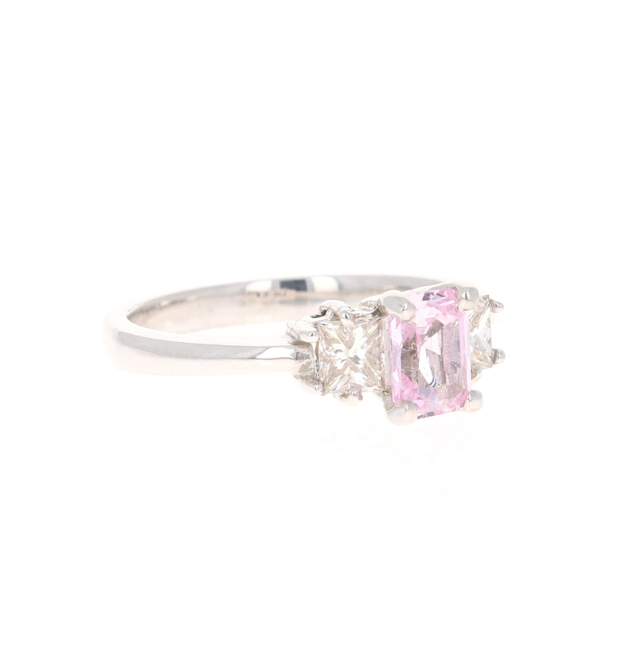 This beautiful ring has a Emerald Cushion Cut Pink Sapphire that weighs 1.01 Carat. The Pink Sapphire has a beautiful light pink color that is rare and valued The stone is Heated as per industry standards. The measurements of the sapphire are