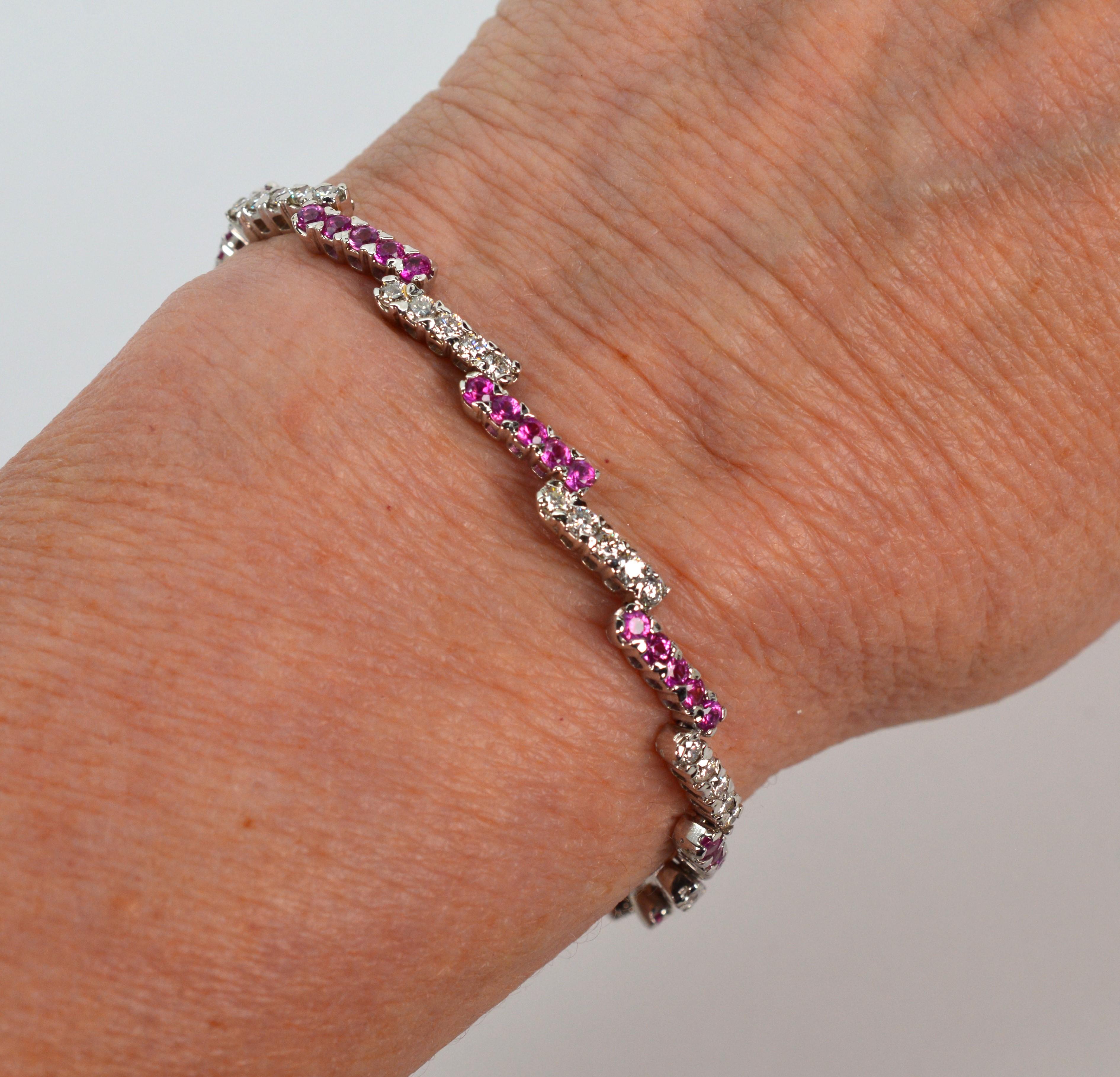 Round Cut Pink Sapphire Diamond 14 Karat White Gold Zig Zag Tennis Bracelet For Sale