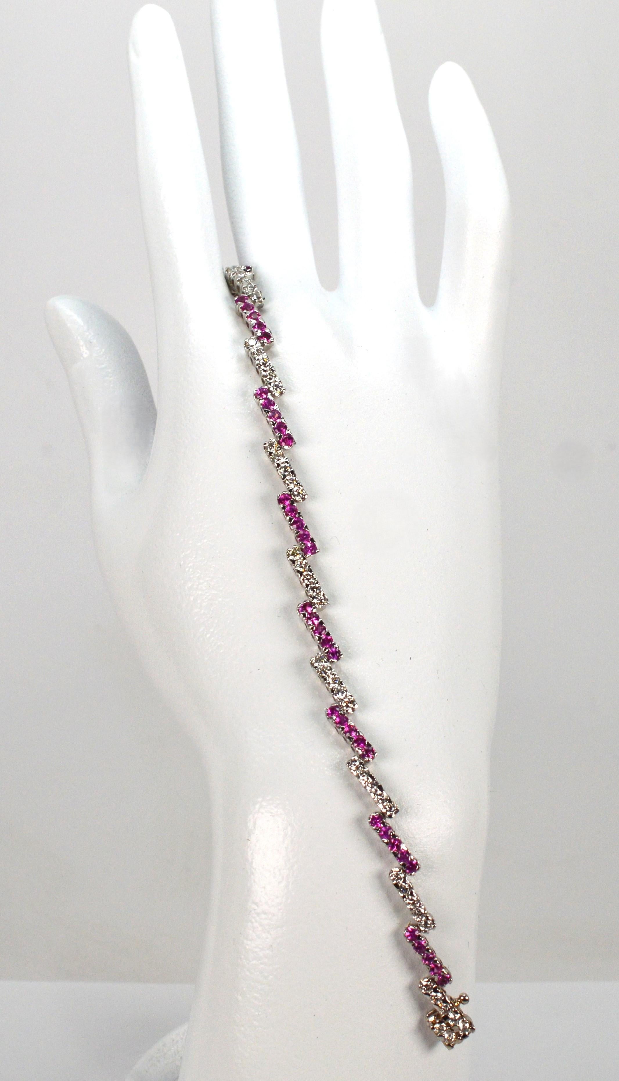 Women's Pink Sapphire Diamond 14 Karat White Gold Zig Zag Tennis Bracelet For Sale
