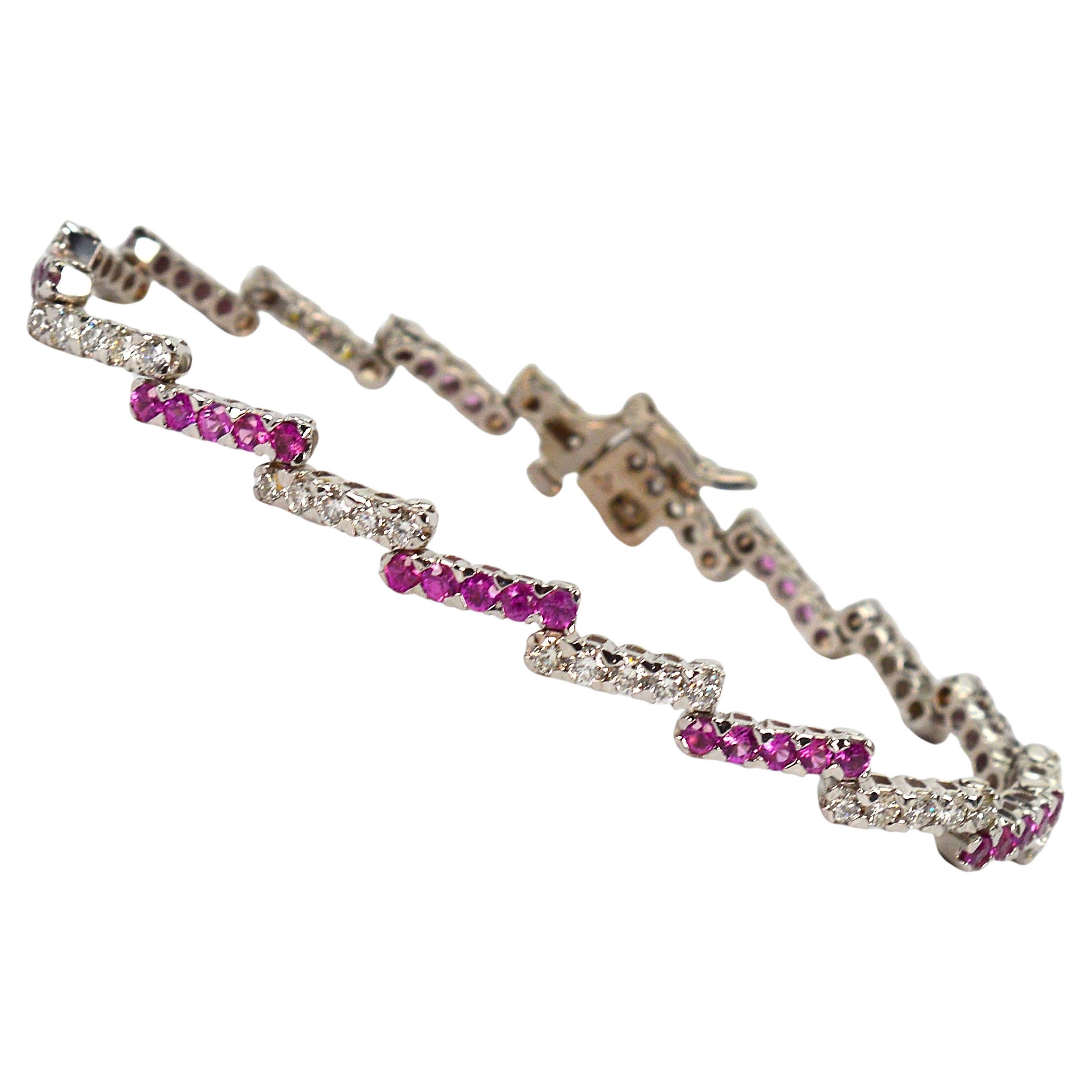 Pink Sapphire Diamond 14 Karat White Gold Zig Zag Tennis Bracelet For Sale 1