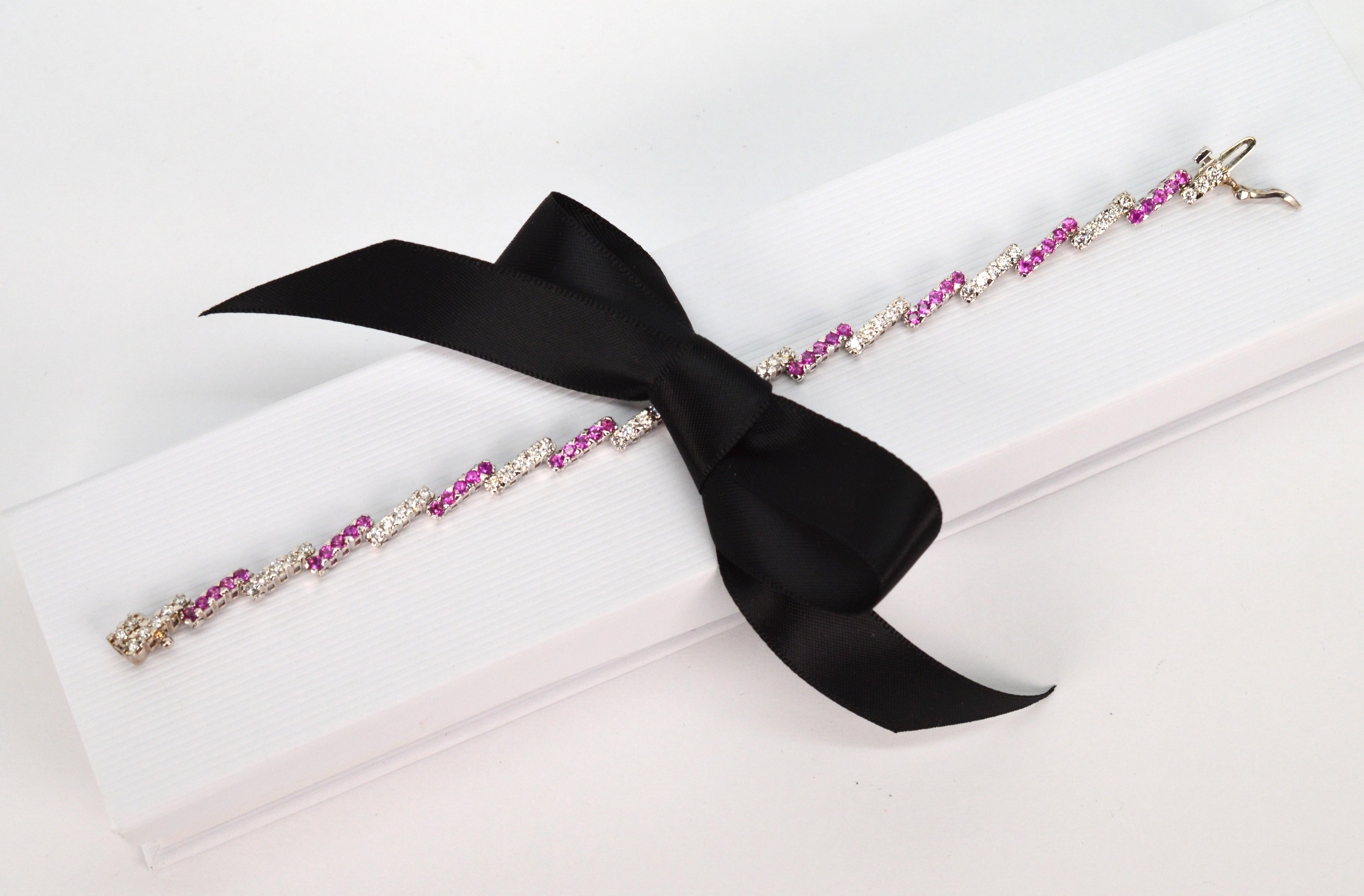 Pink Sapphire Diamond 14 Karat White Gold Zig Zag Tennis Bracelet For Sale 2