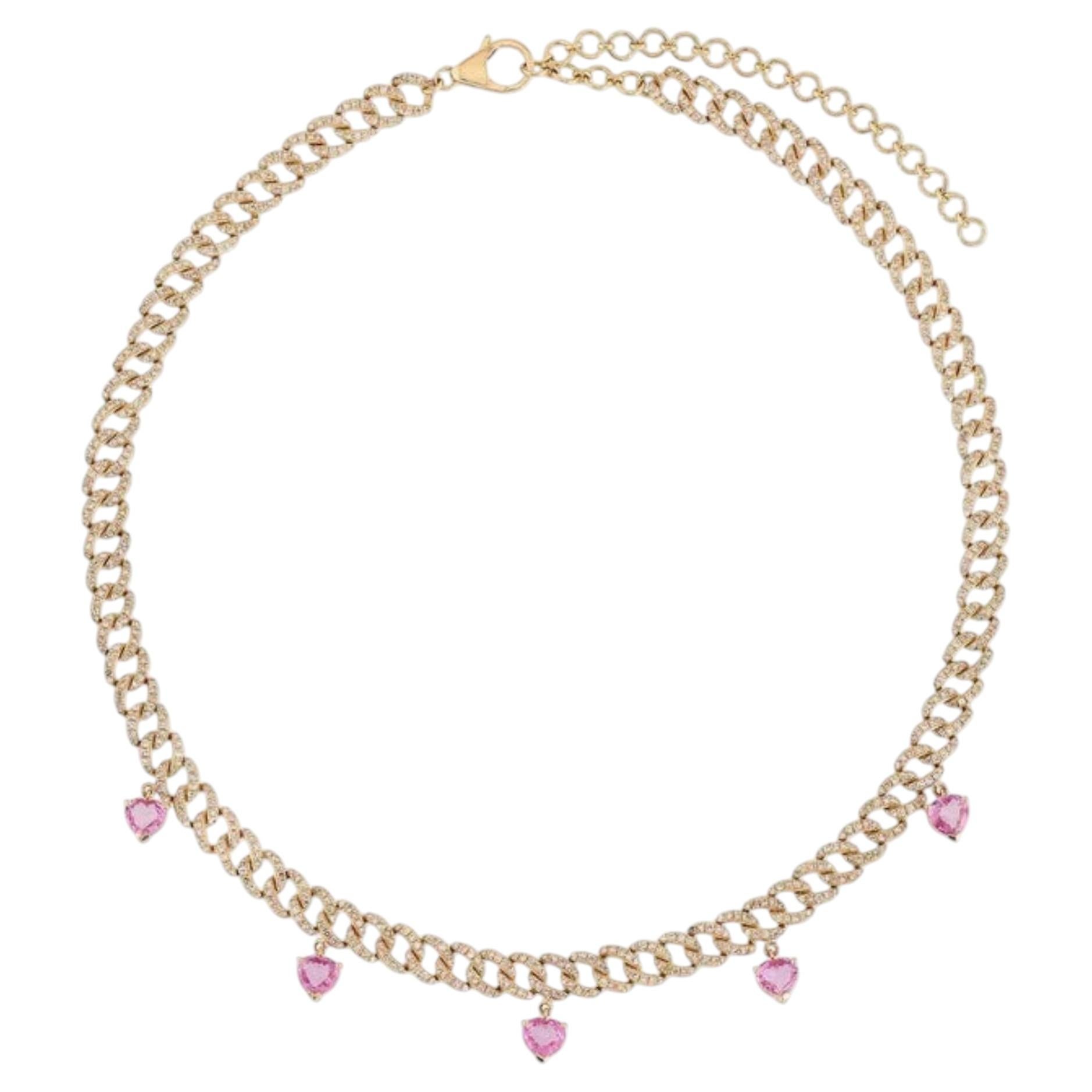 Collier à maillons en or jaune 14K (ou 18k sur demande) avec saphir rose et diamant en vente