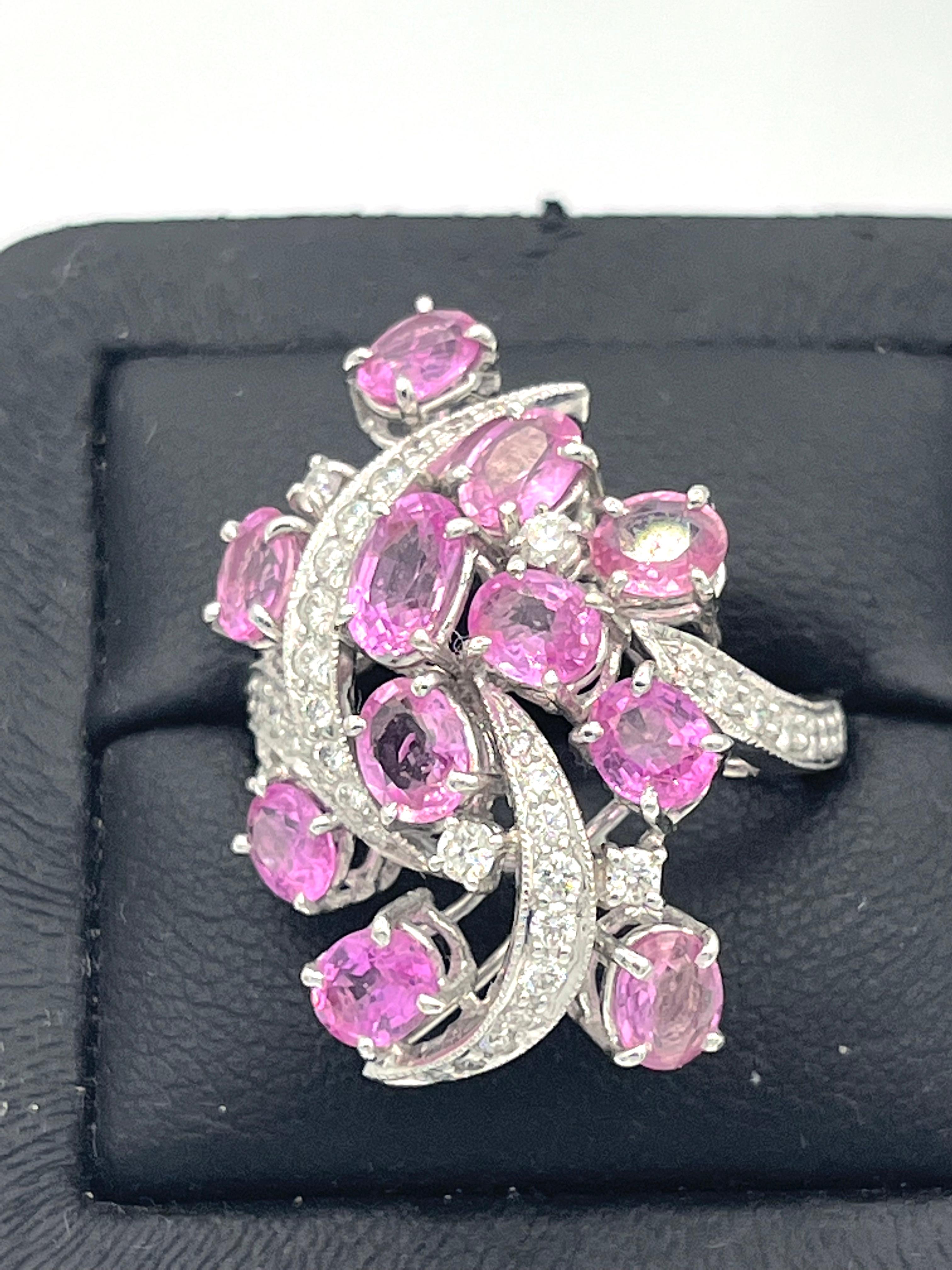 Women's Pink Sapphire Diamond 18 K White Gold Cocktail Ring For Sale