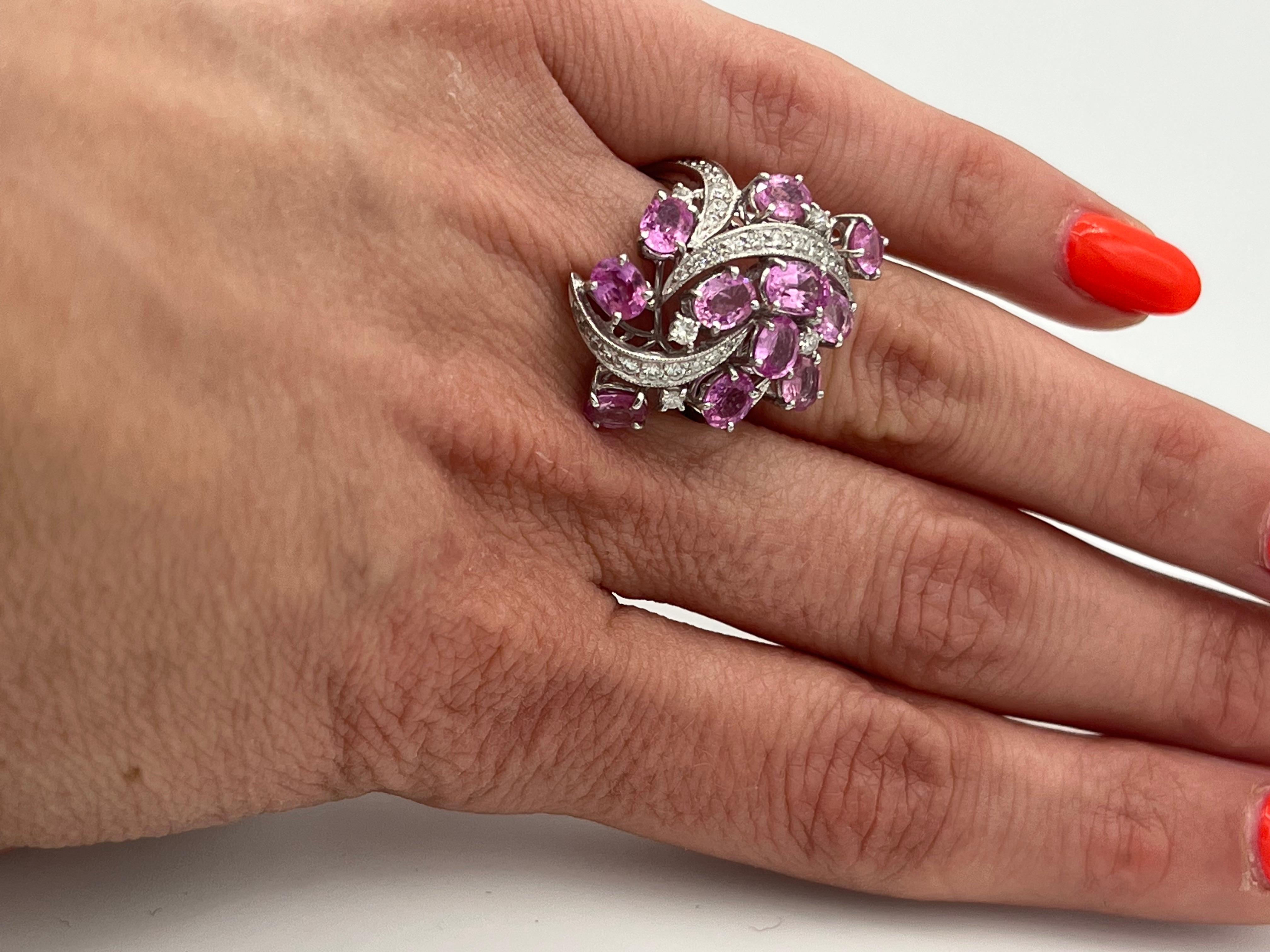 Pink Sapphire Diamond 18 K White Gold Cocktail Ring For Sale 2