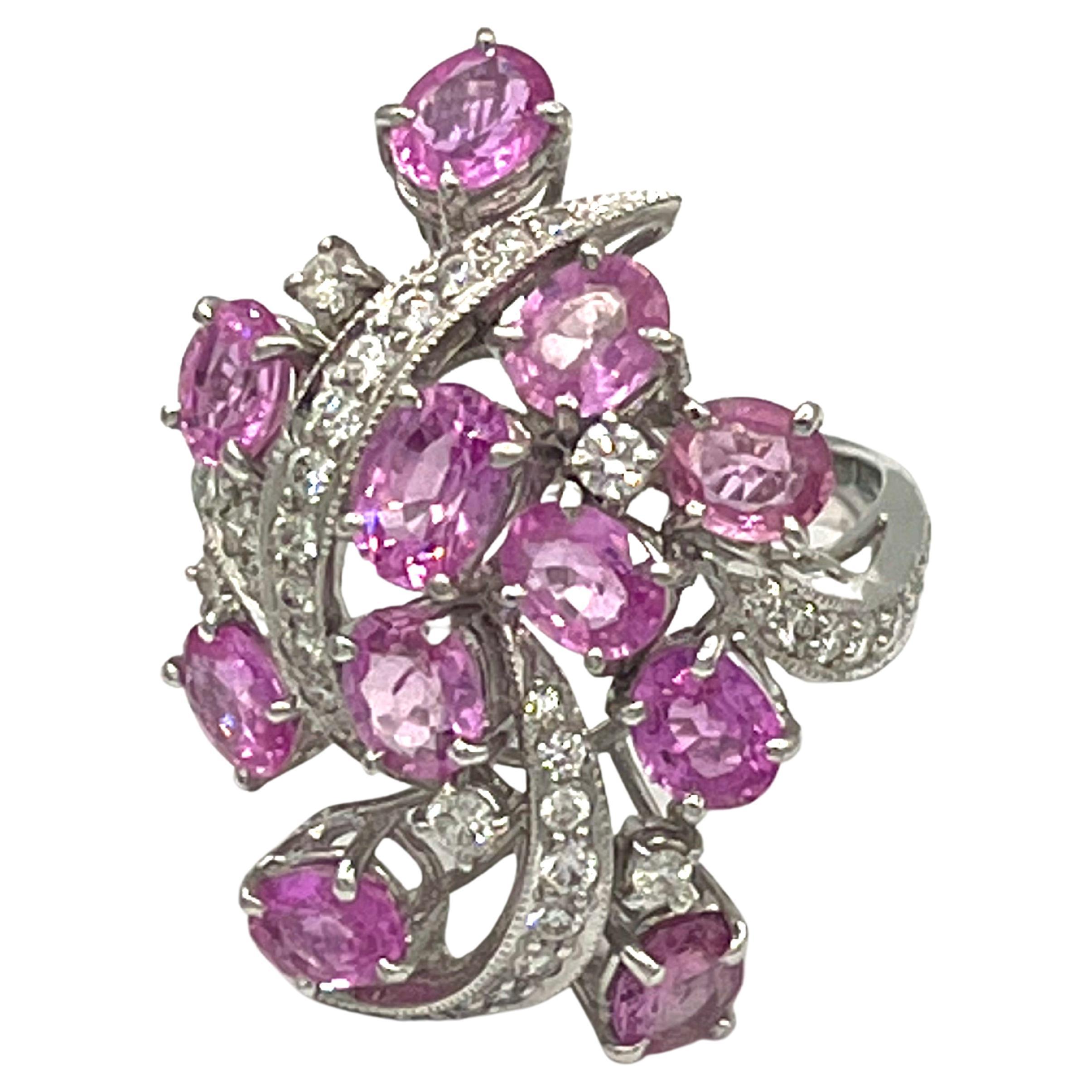 Pink Sapphire Diamond 18 K White Gold Cocktail Ring For Sale