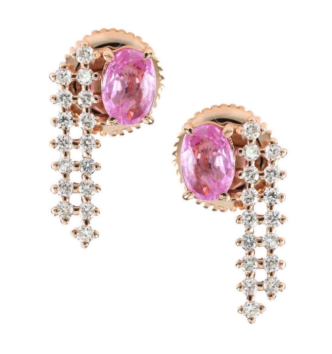 Contemporary Pink Sapphire Diamond 18 Karat Gold Chain Earrings For Sale