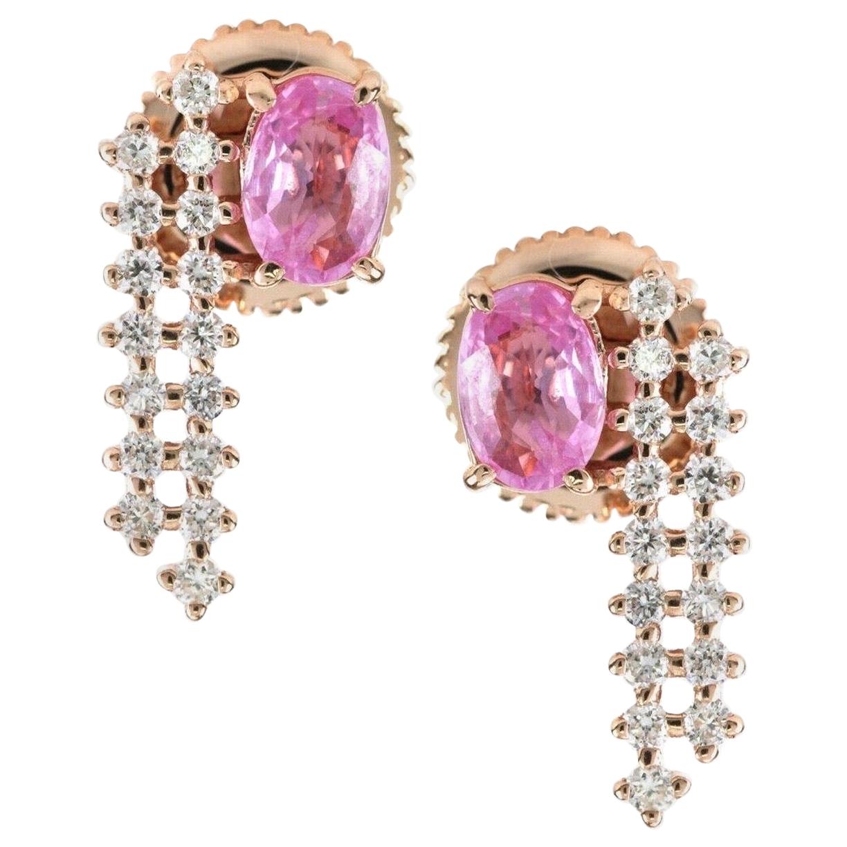 Ohrringe mit Kette aus 18 Karat Gold mit rosa Saphiren und Diamanten