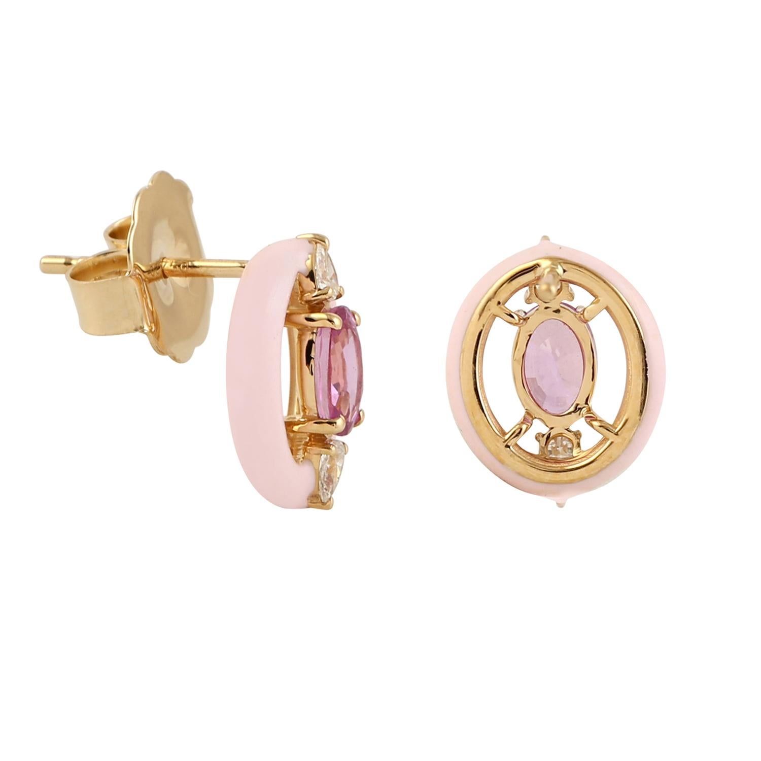 These enamel earrings are crafted from 18-karat gold & set with 1.47 carats pink sapphire and .20 carats of sparkling diamonds. Available in turquoise, red and white enamel. See matching ring part of this collection.

FOLLOW MEGHNA JEWELS storefront