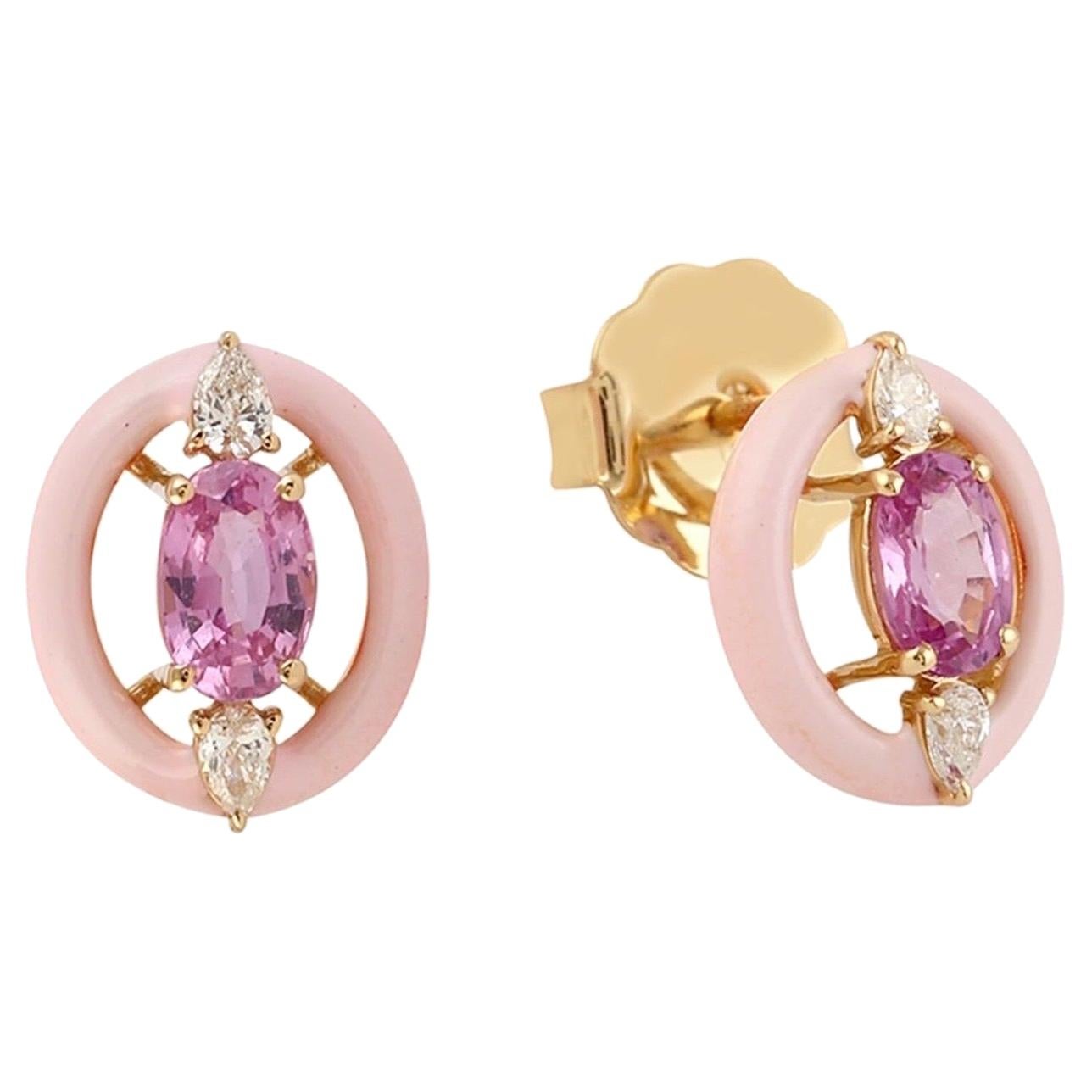Pink Sapphire Diamond 18 Karat Gold Enamel Stud Earrings For Sale