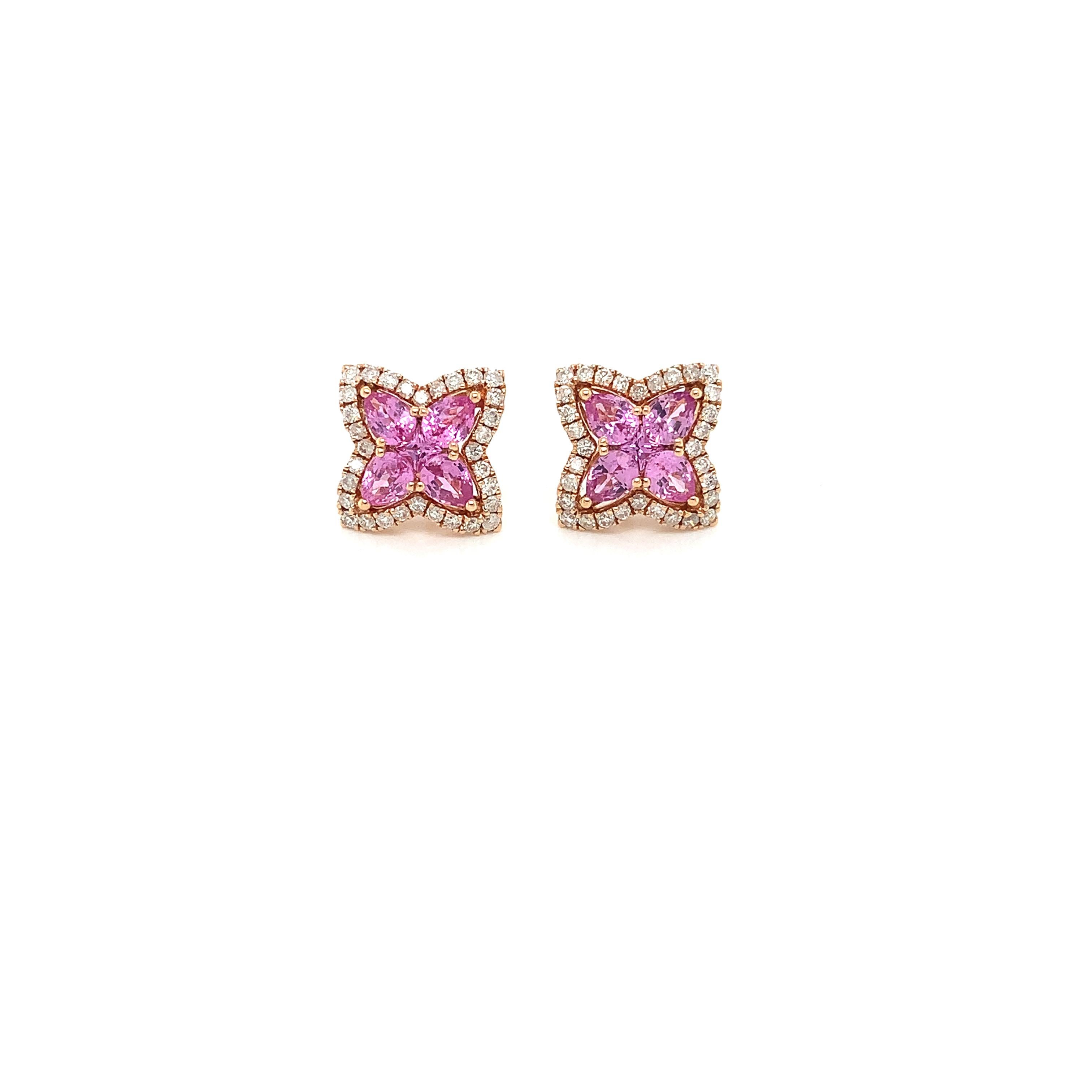 Modern Pink Sapphire & Diamond 18 Karat Rose Gold Earrings