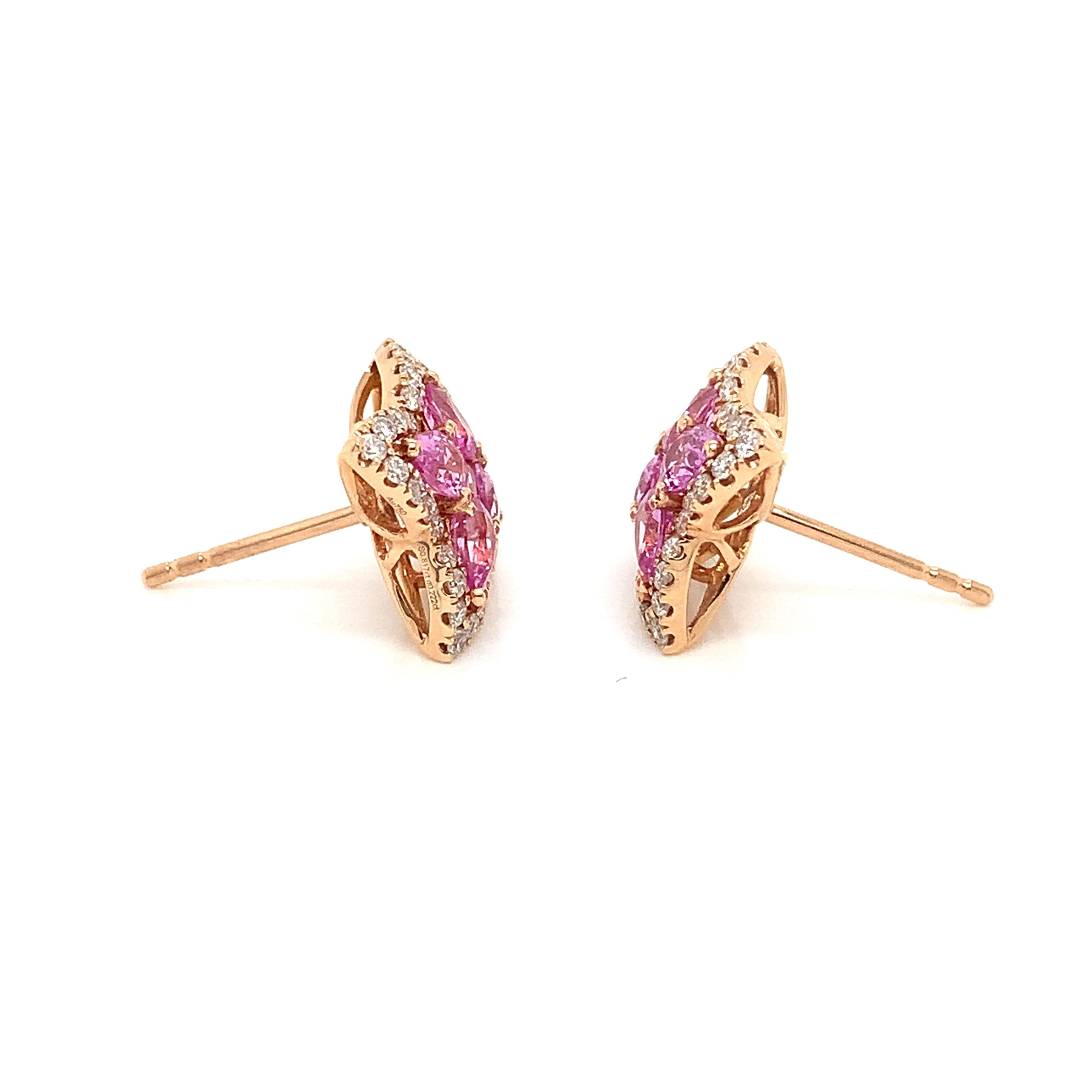 Pear Cut Pink Sapphire & Diamond 18 Karat Rose Gold Earrings