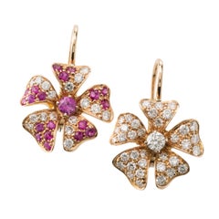 Pink Sapphire Diamond 18 Karat Rose Gold Flower Earrings
