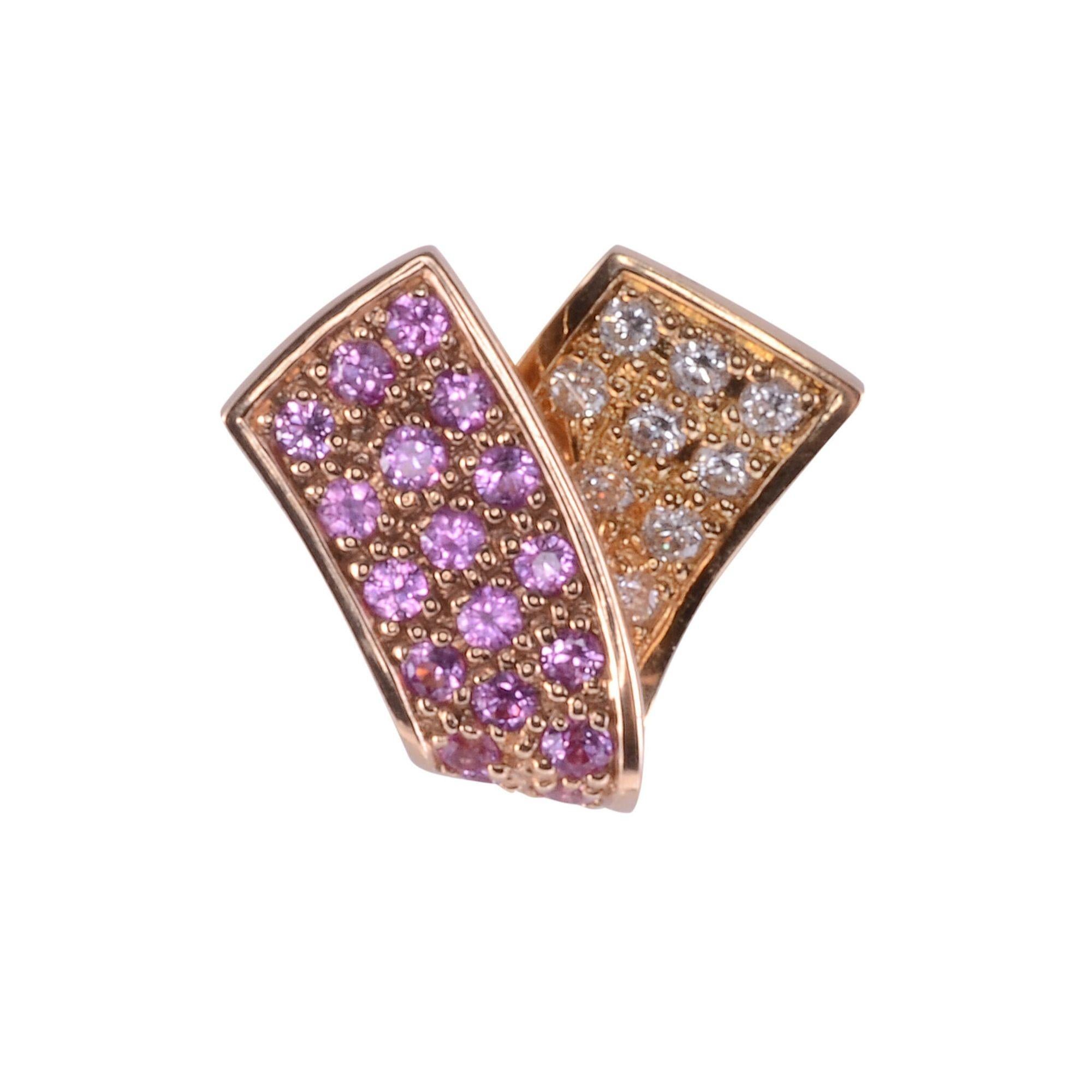 Estate pink sapphire & diamond 18K earrings. These 18 karat yellow gold ribbon earrings feature .78 carat total weight of pink sapphires and .36 carat total weight of diamonds. The diamonds have VS1-2 clarity and G-I color. [SJ 8011