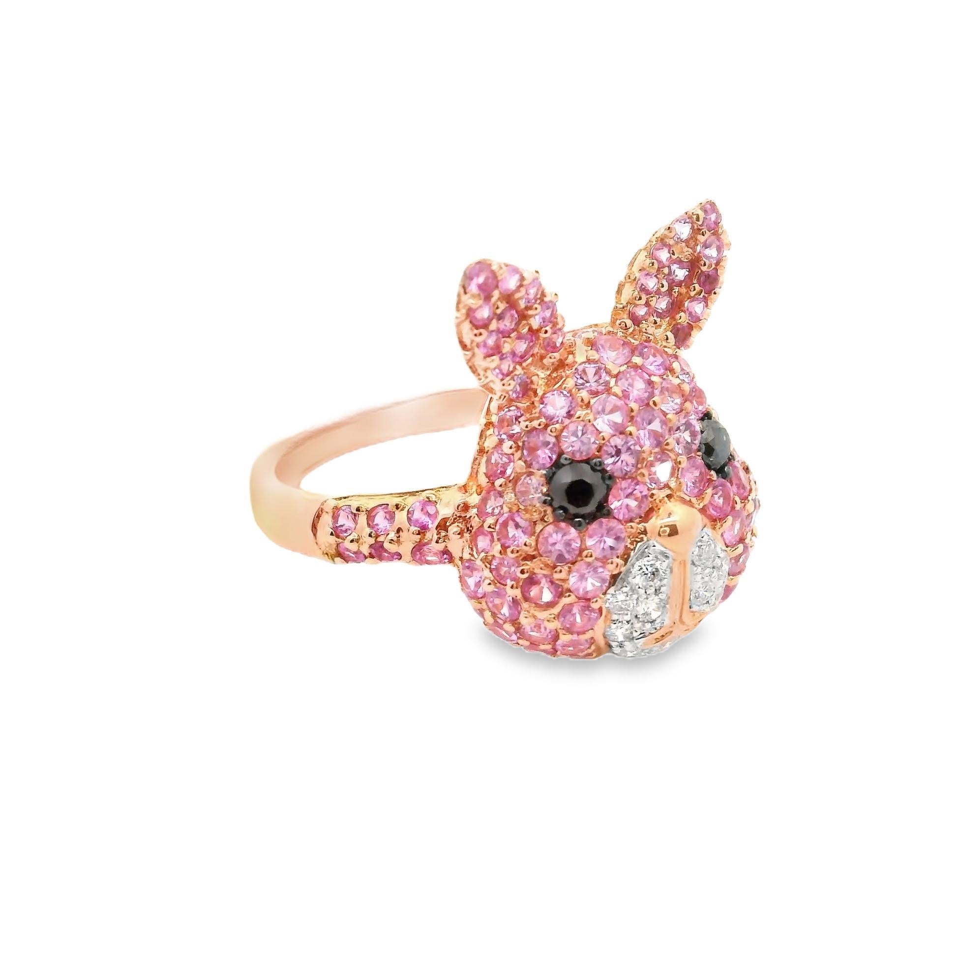 Round Cut Pink Sapphire & Diamond 18k Rose Gold Bunny Rabbit Ring