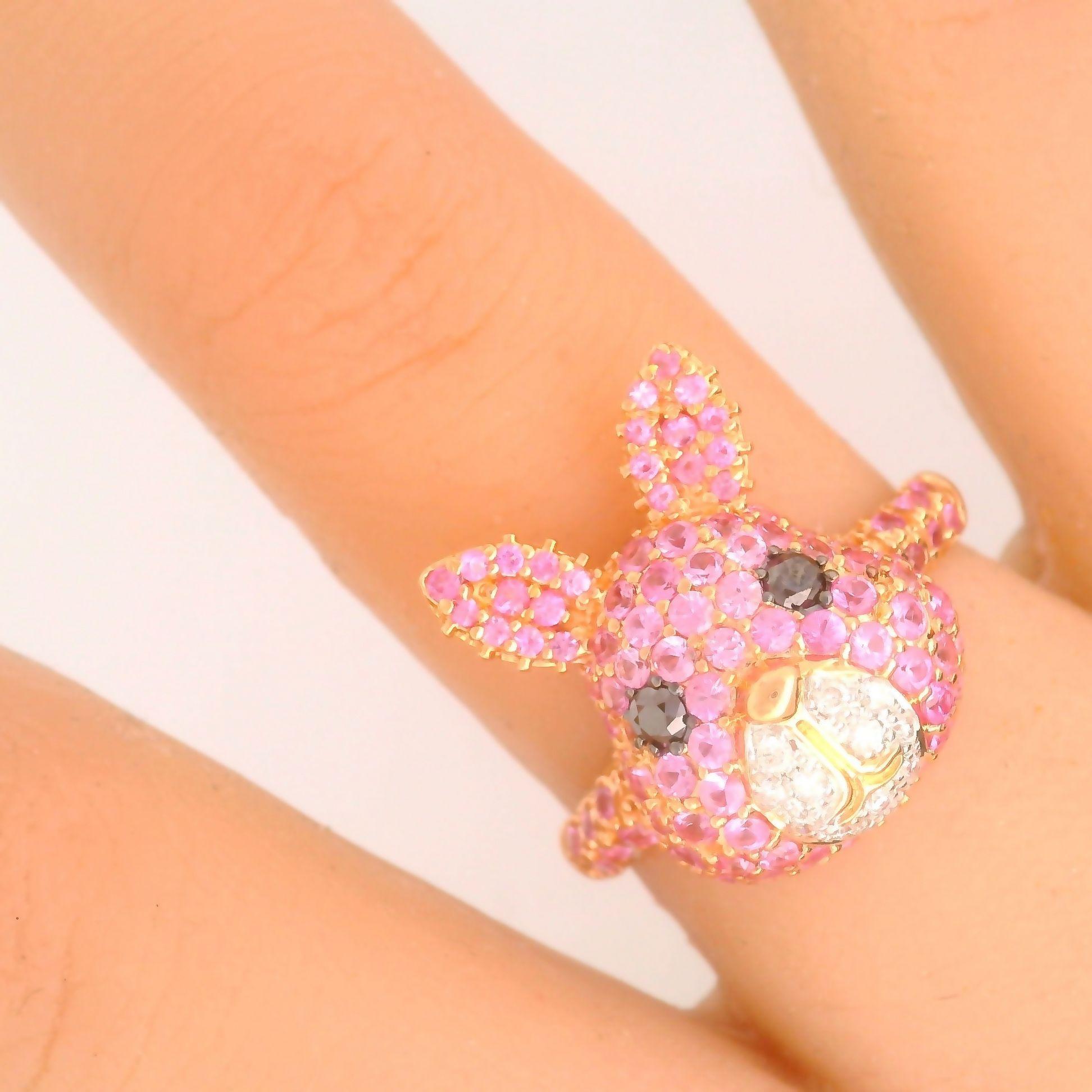 Pink Sapphire & Diamond 18k Rose Gold Bunny Rabbit Ring In New Condition In Beverly Hills, CA