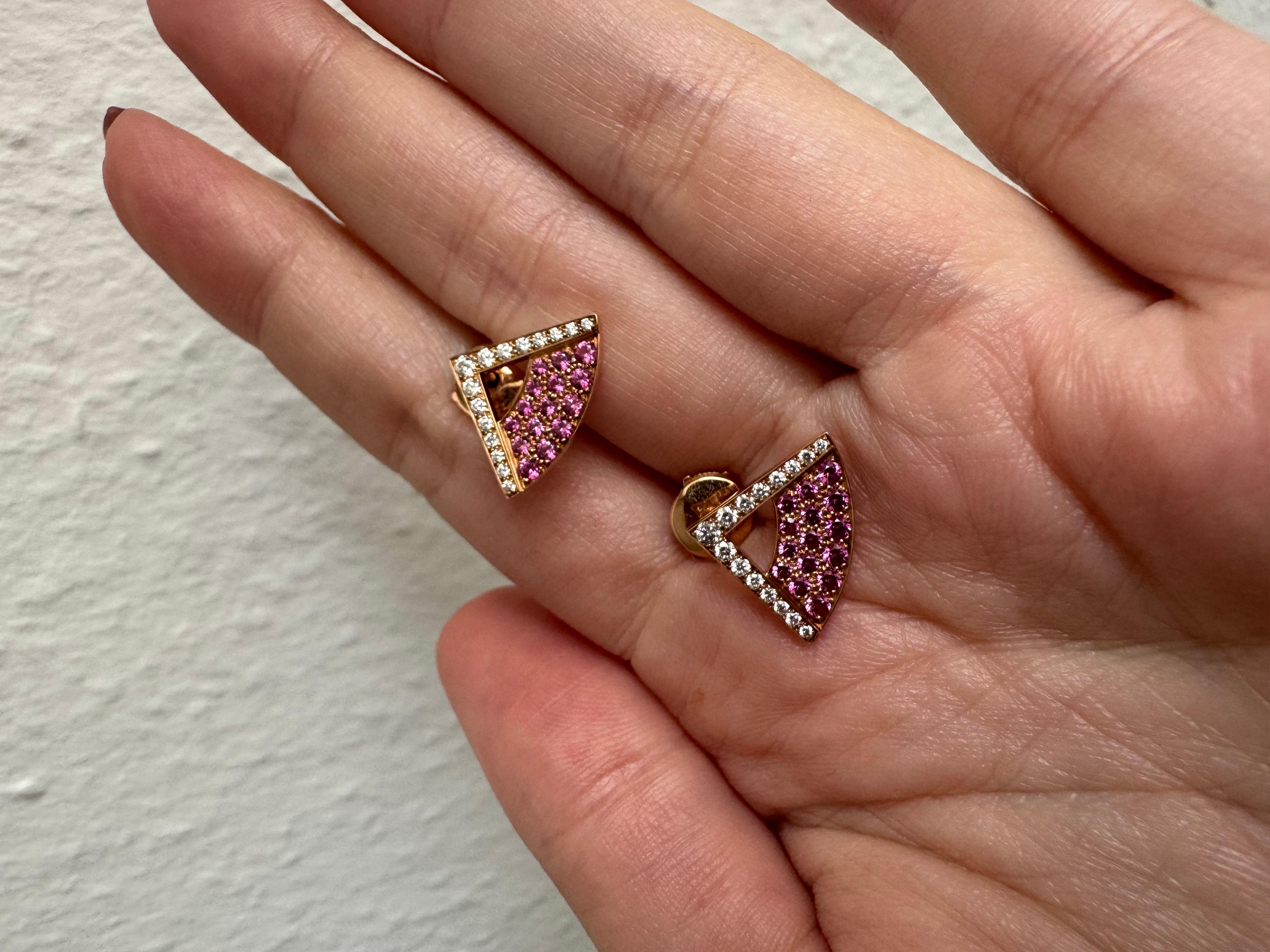 Modern Pink Sapphire & Diamond 18K Rose Gold Fan Earrings For Sale