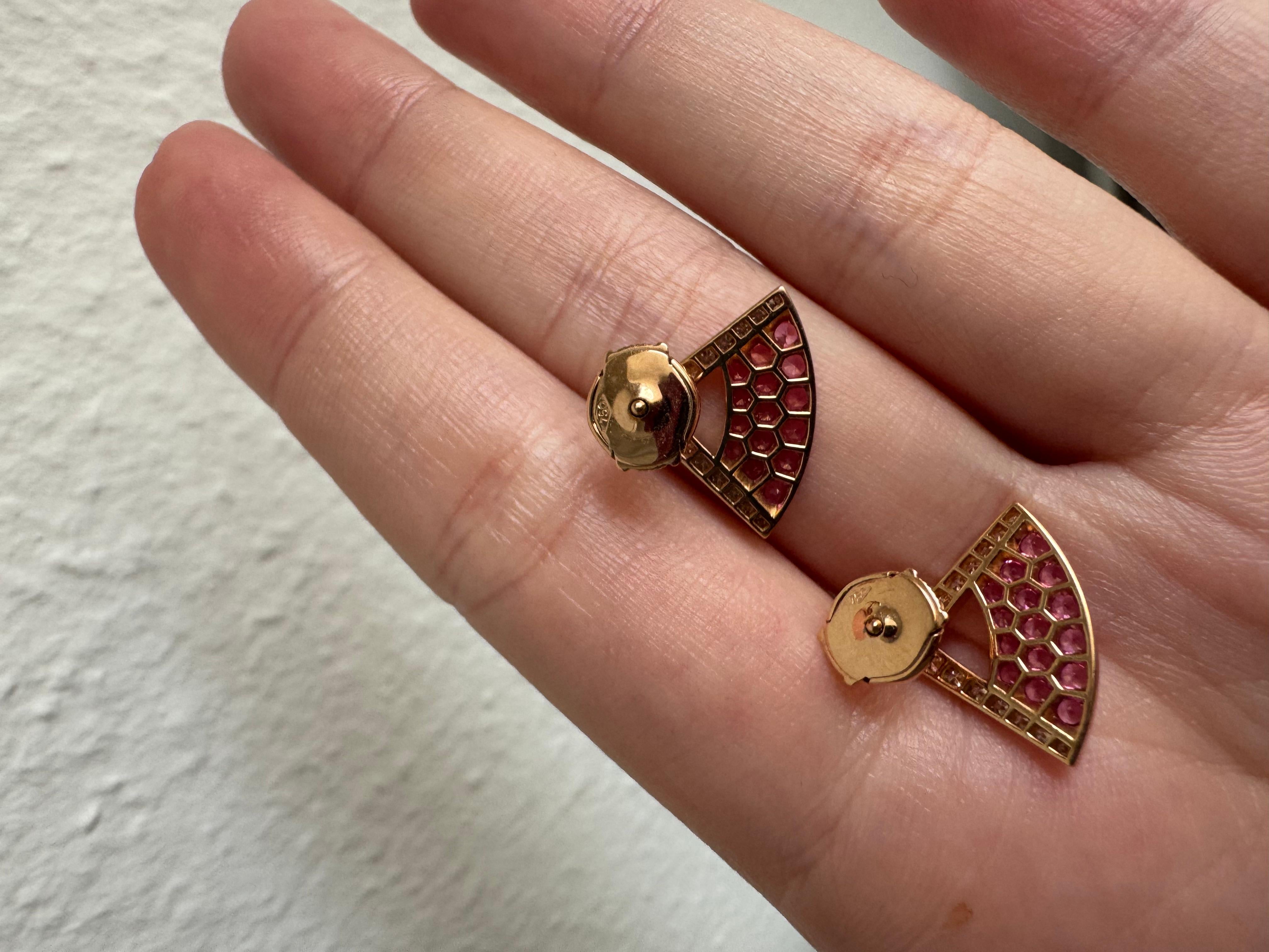 Round Cut Pink Sapphire & Diamond 18K Rose Gold Fan Earrings For Sale