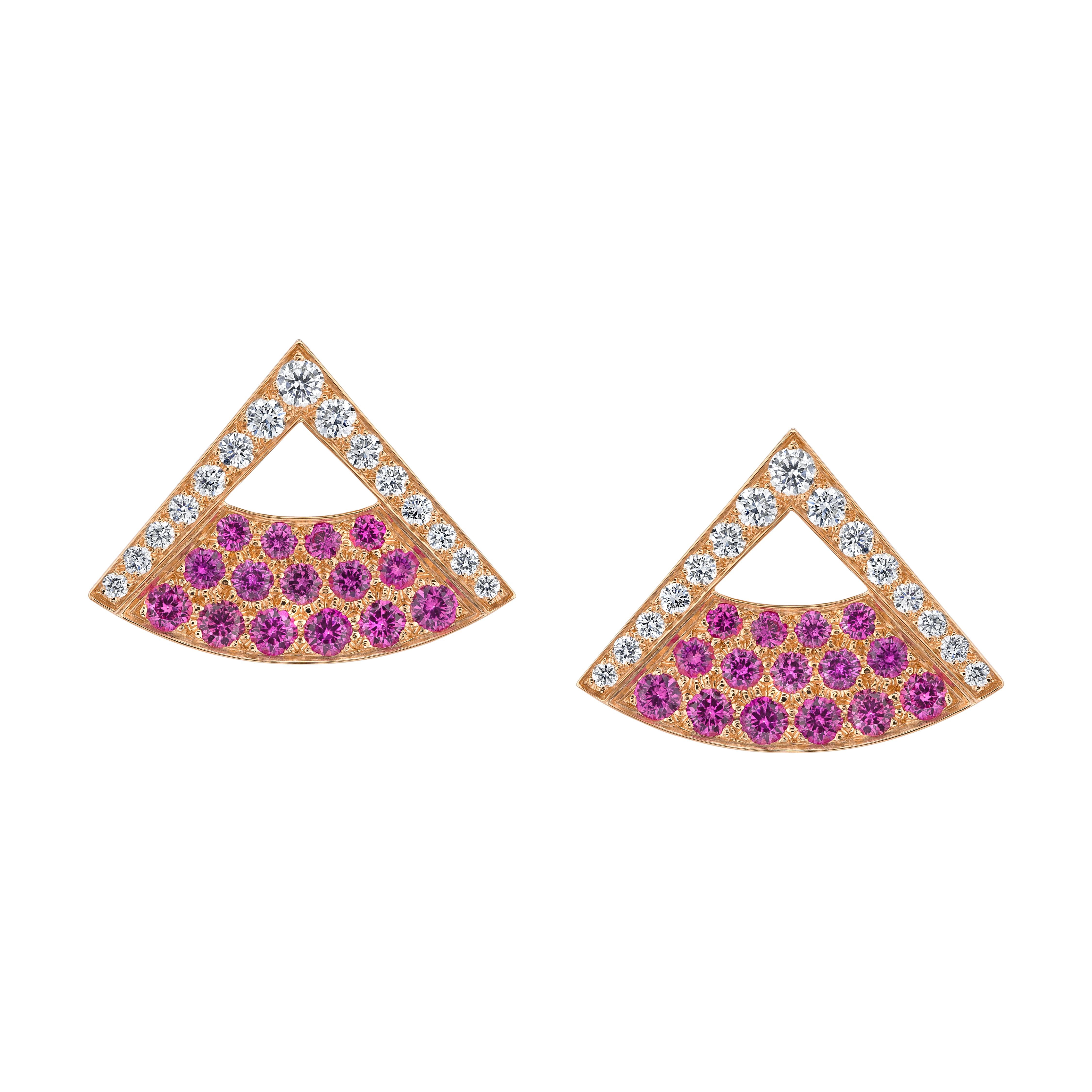 Pink Sapphire & Diamond 18K Rose Gold Fan Earrings For Sale