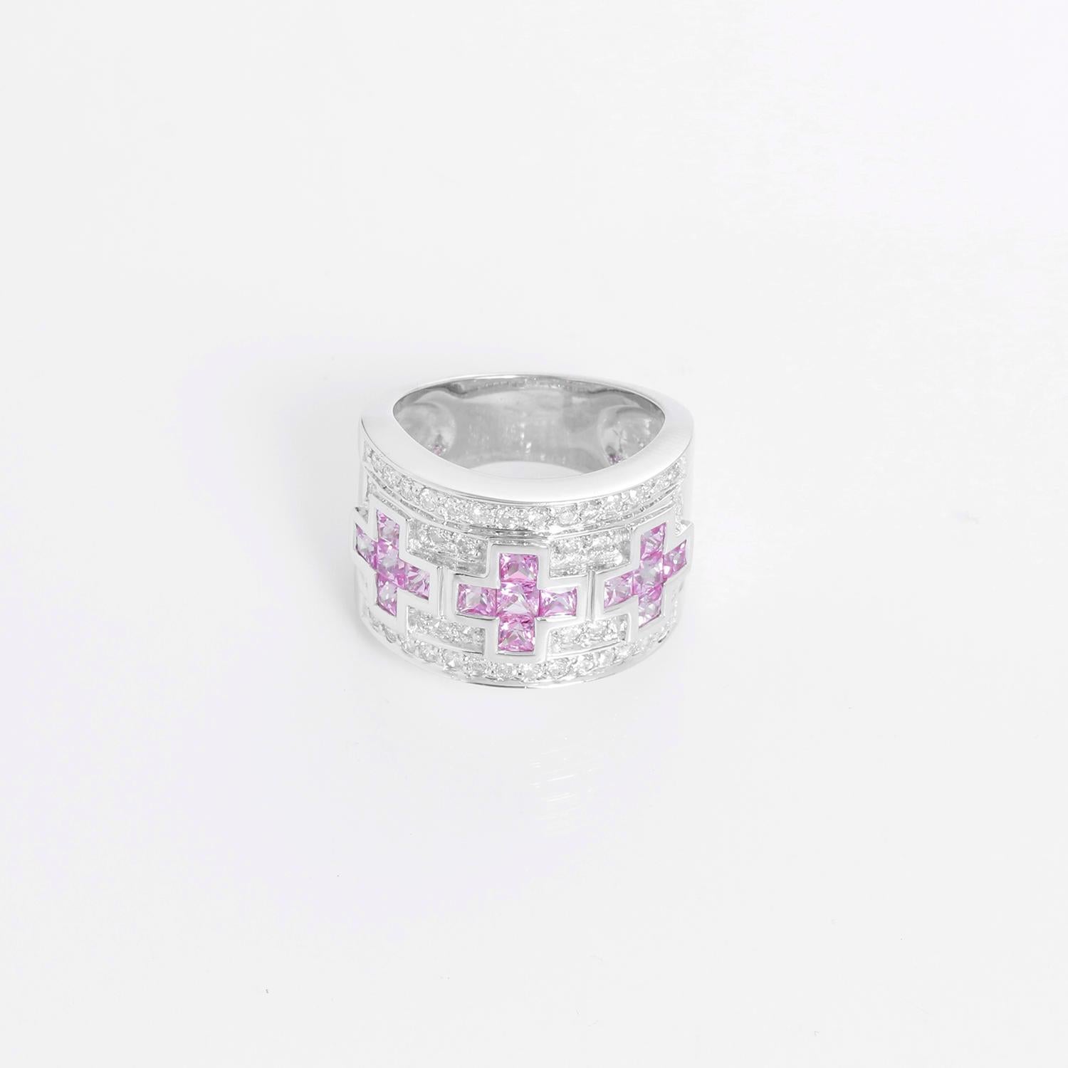 Fascia in oro bianco 18 carati con zaffiri rosa e diamanti - Fascia larga 14 mm con diamanti da 0,70 carati e zaffiri rosa da 1,50 carati. Usato con i marchi di fabbrica. 
Taglia 6 1/4.