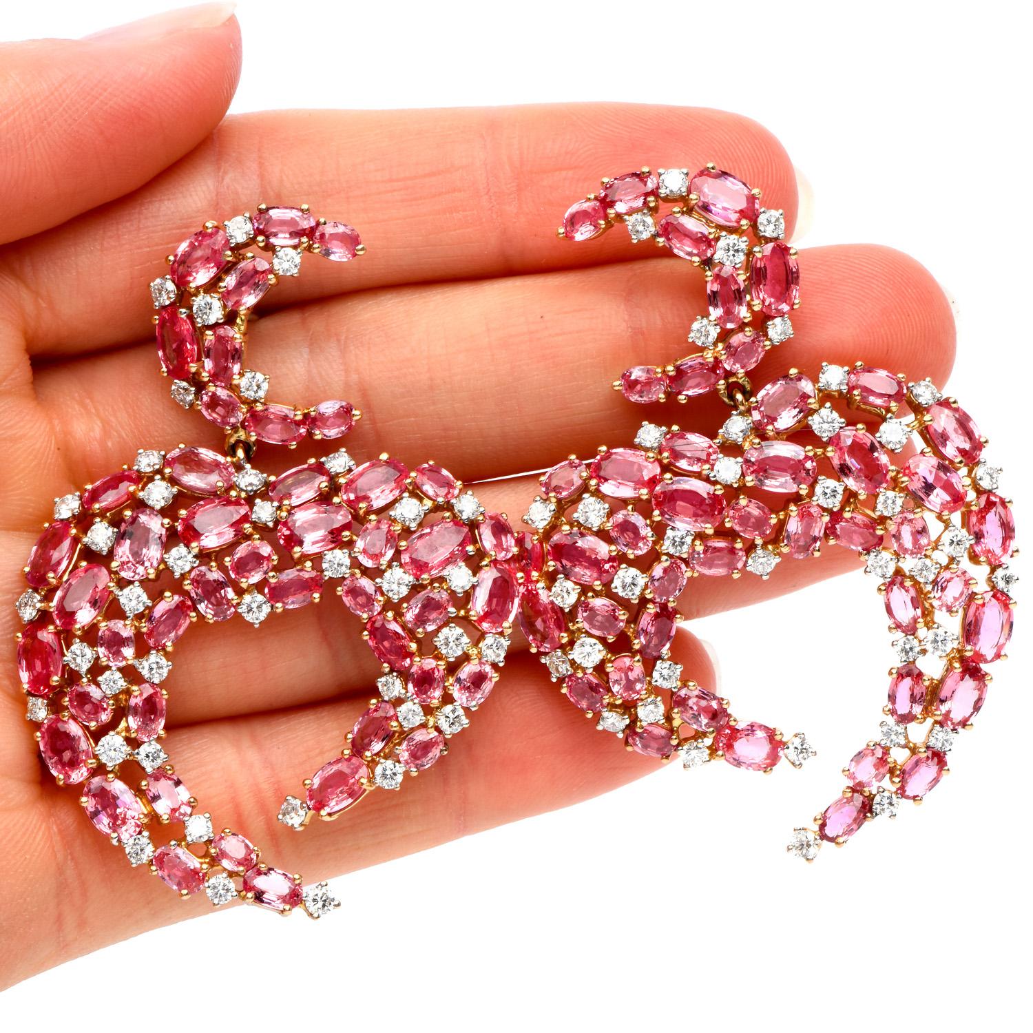 Halbmond-Cluster-Ohrringe mit rosa Saphir und Diamant aus 18 Karat Gelbgold (Moderne) im Angebot