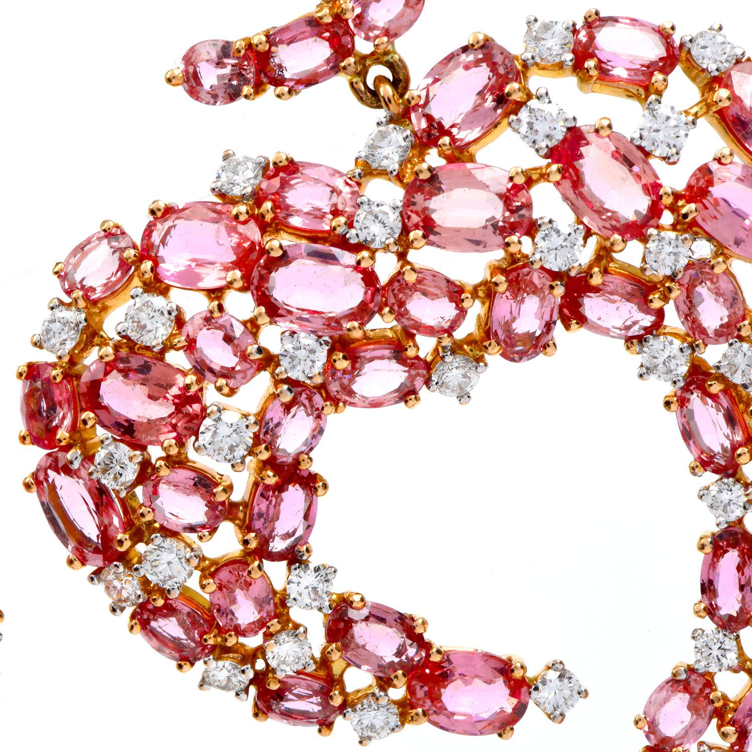 Modern Pink Sapphire Diamond 18K Yellow Gold Half Moon Cluster Dangle Earrings For Sale