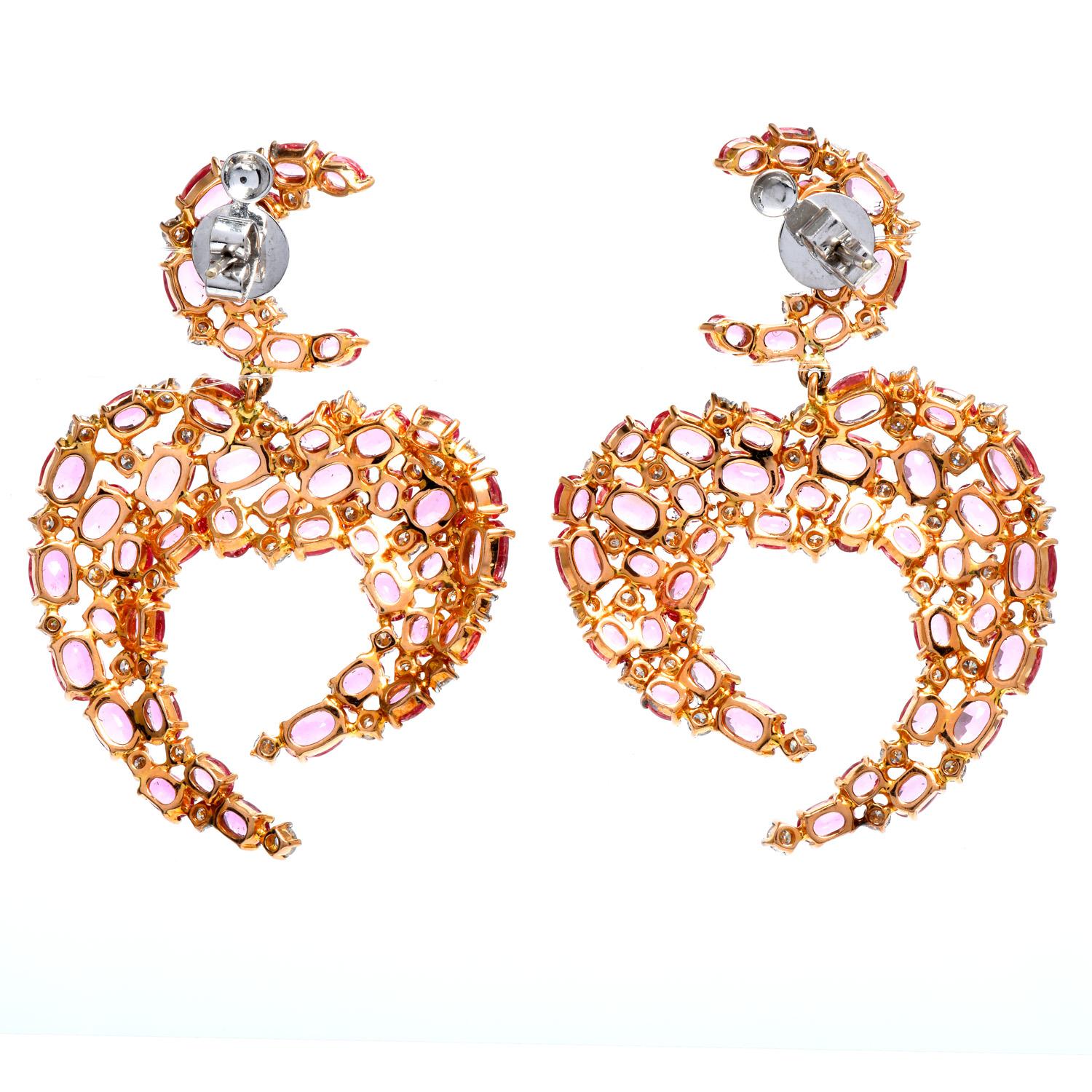 Halbmond-Cluster-Ohrringe mit rosa Saphir und Diamant aus 18 Karat Gelbgold Damen im Angebot