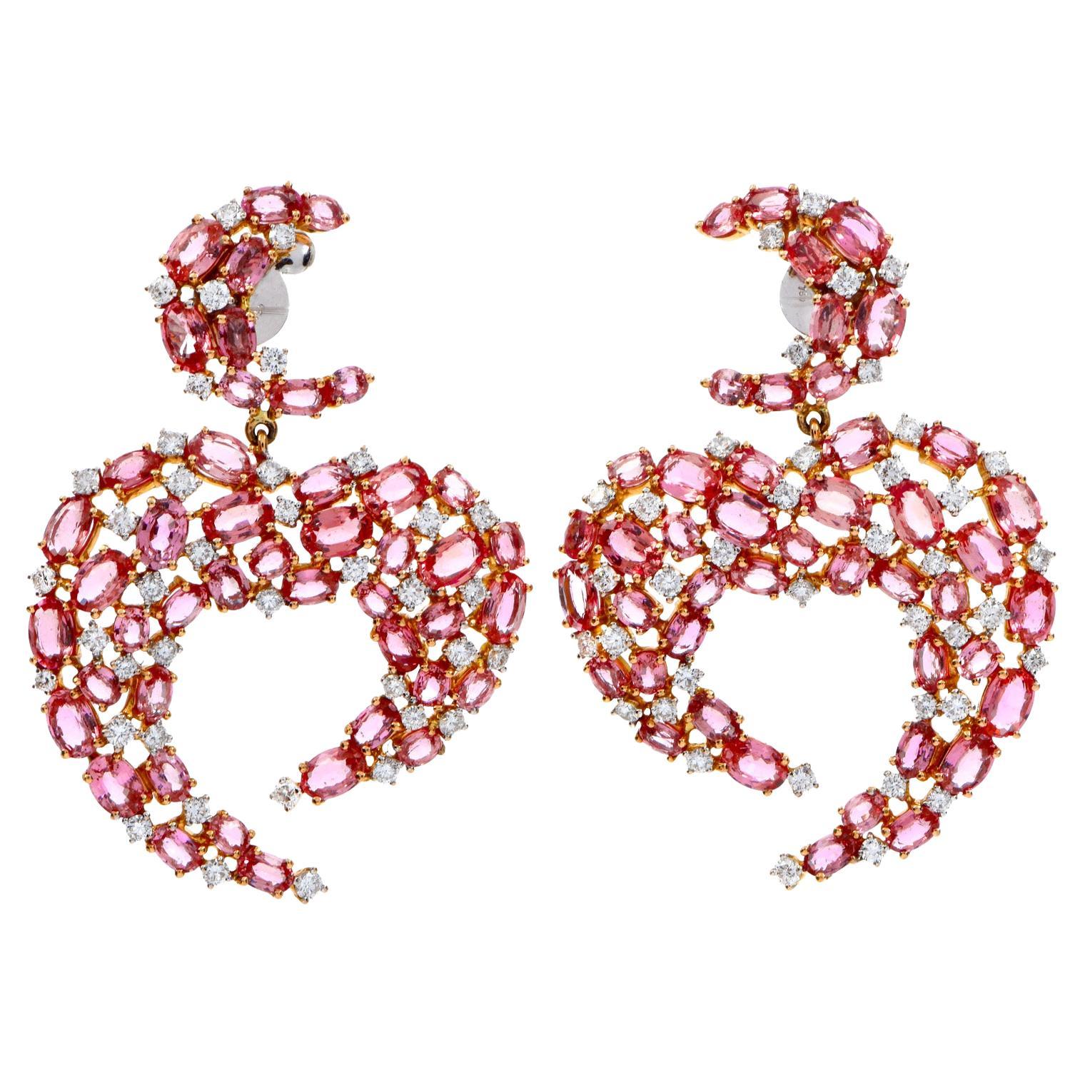 Pink Sapphire Diamond 18K Yellow Gold Half Moon Cluster Dangle Earrings For Sale