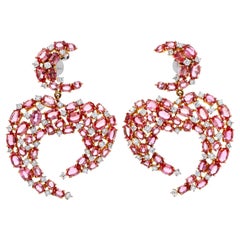 Pink Sapphire Diamond 18K Yellow Gold Half Moon Cluster Dangle Earrings