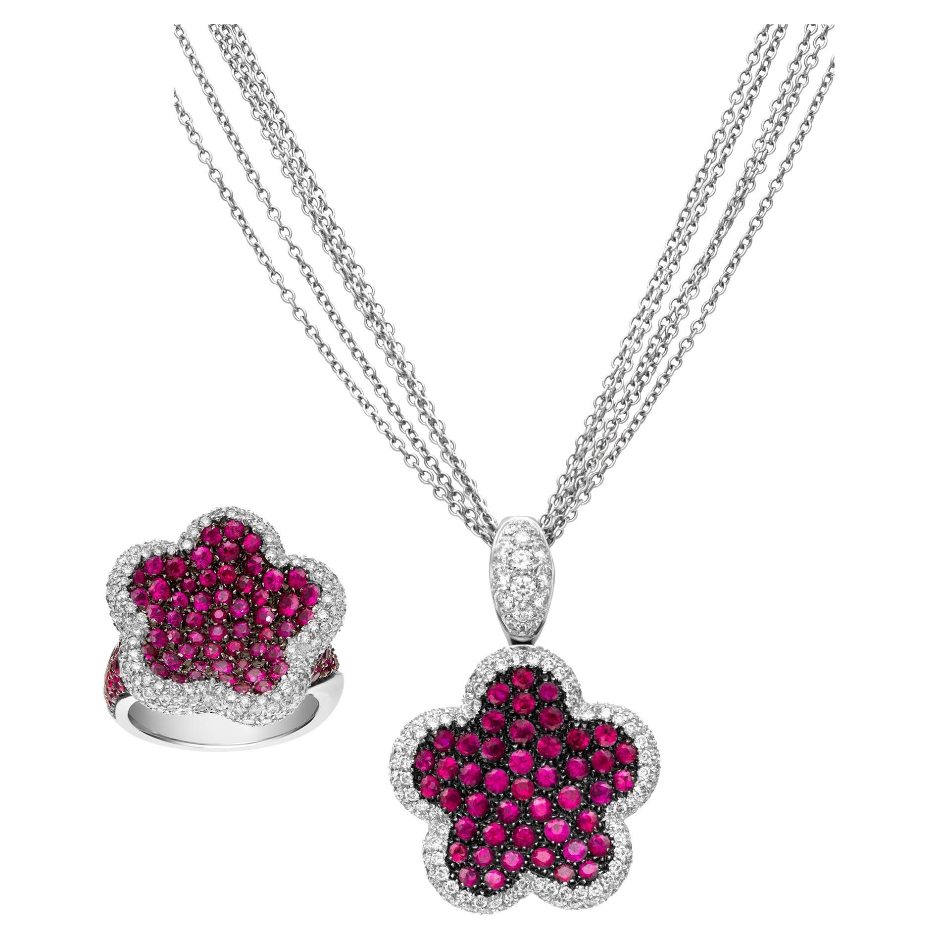 Pendentif, collier et bague 2 pièces en or blanc 18 carats avec saphir rose et diamants