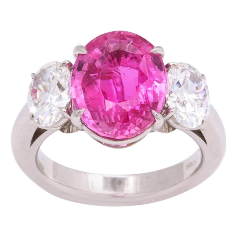 Pink Sapphire Diamond 3-Stone Ring For Sale