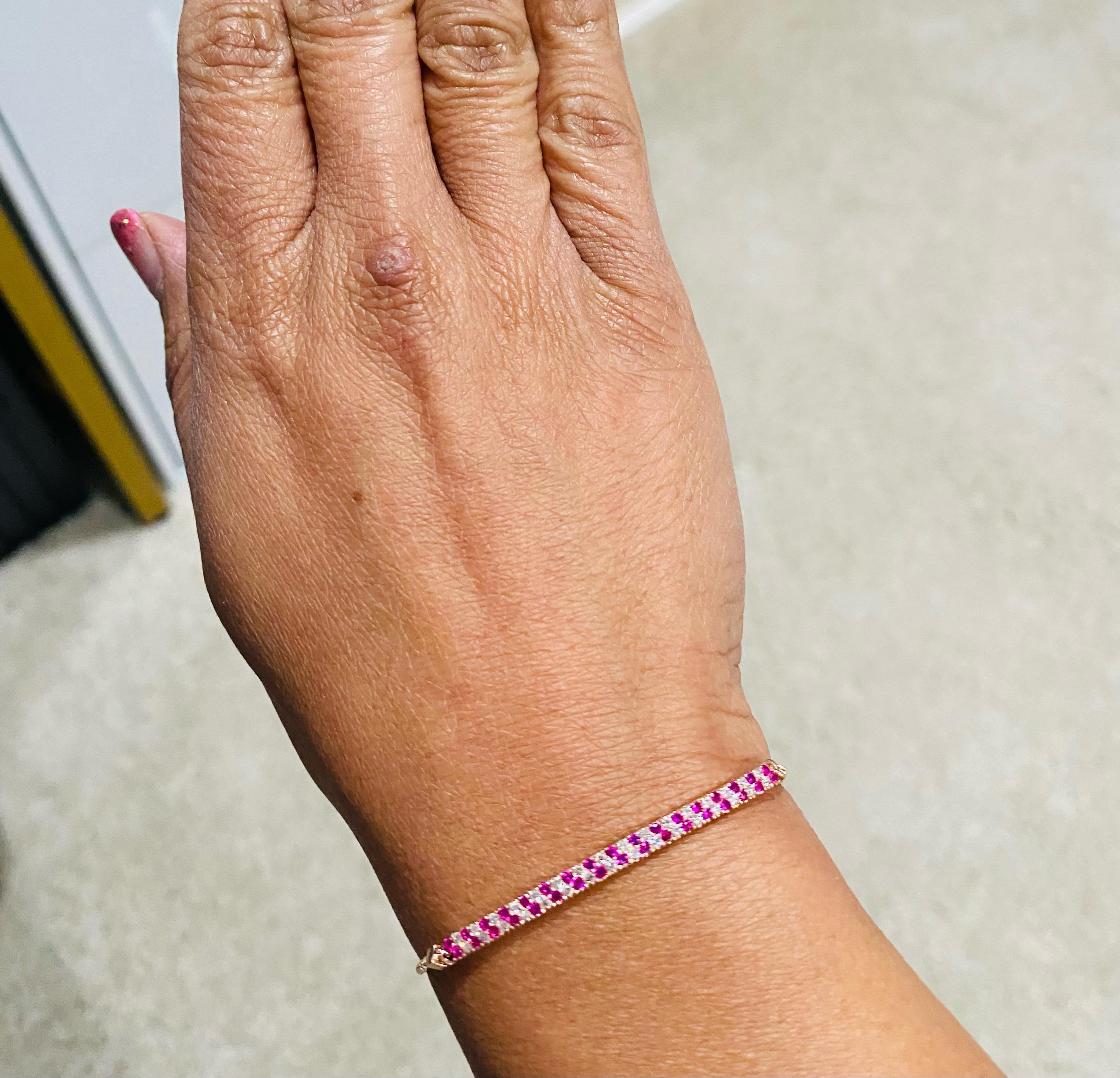 Round Cut 0.69 Carat Pink Sapphire Diamond Adjustable Bracelet 14 Karat Rose Gold
