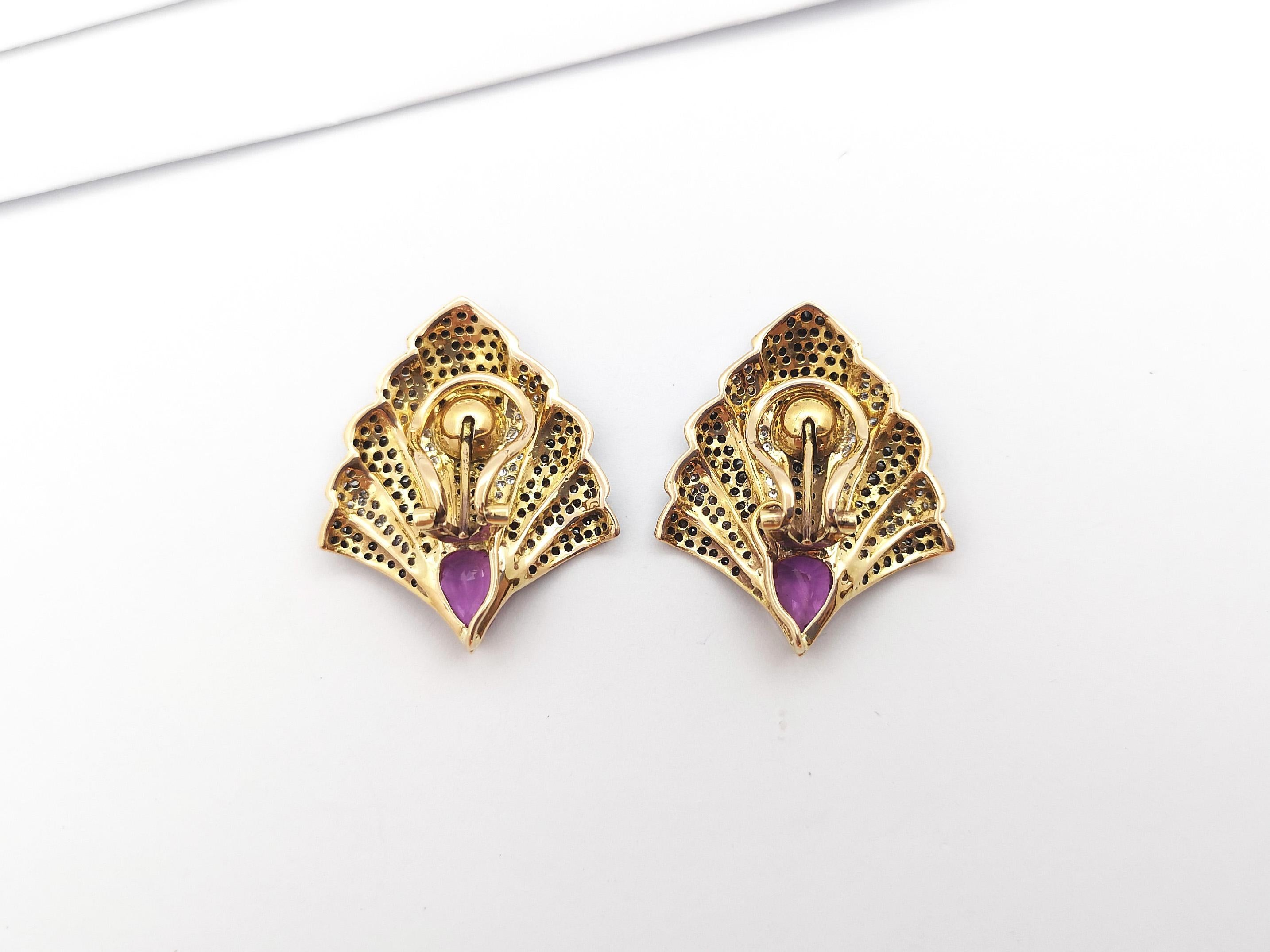 Pink Sapphire, Diamond and Black Diamond Earrings set in 18K Gold Settings For Sale 4