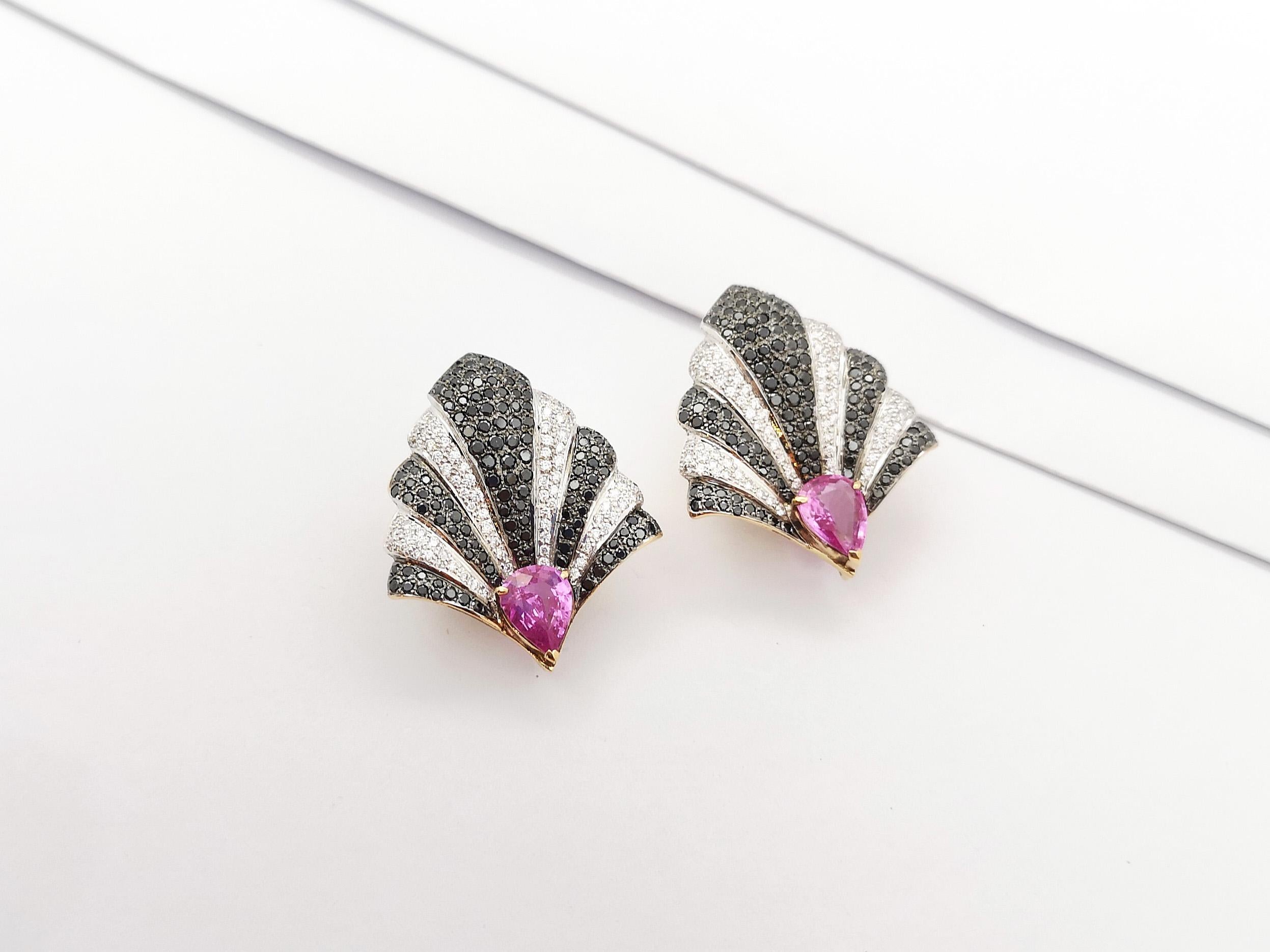 Contemporary Pink Sapphire, Diamond and Black Diamond Earrings set in 18K Gold Settings For Sale