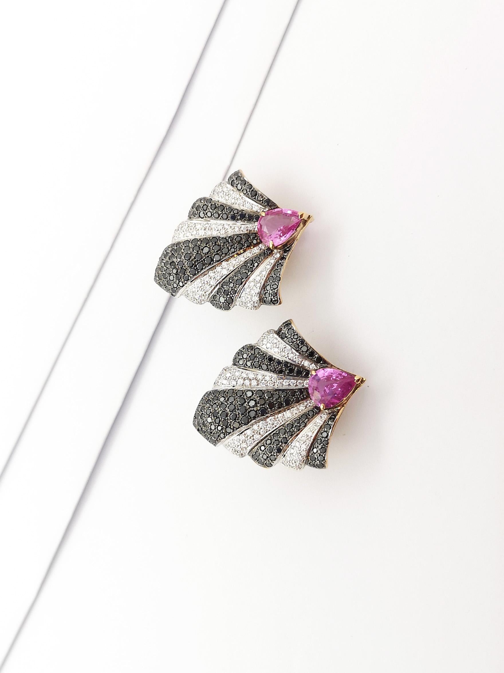 Pear Cut Pink Sapphire, Diamond and Black Diamond Earrings set in 18K Gold Settings For Sale