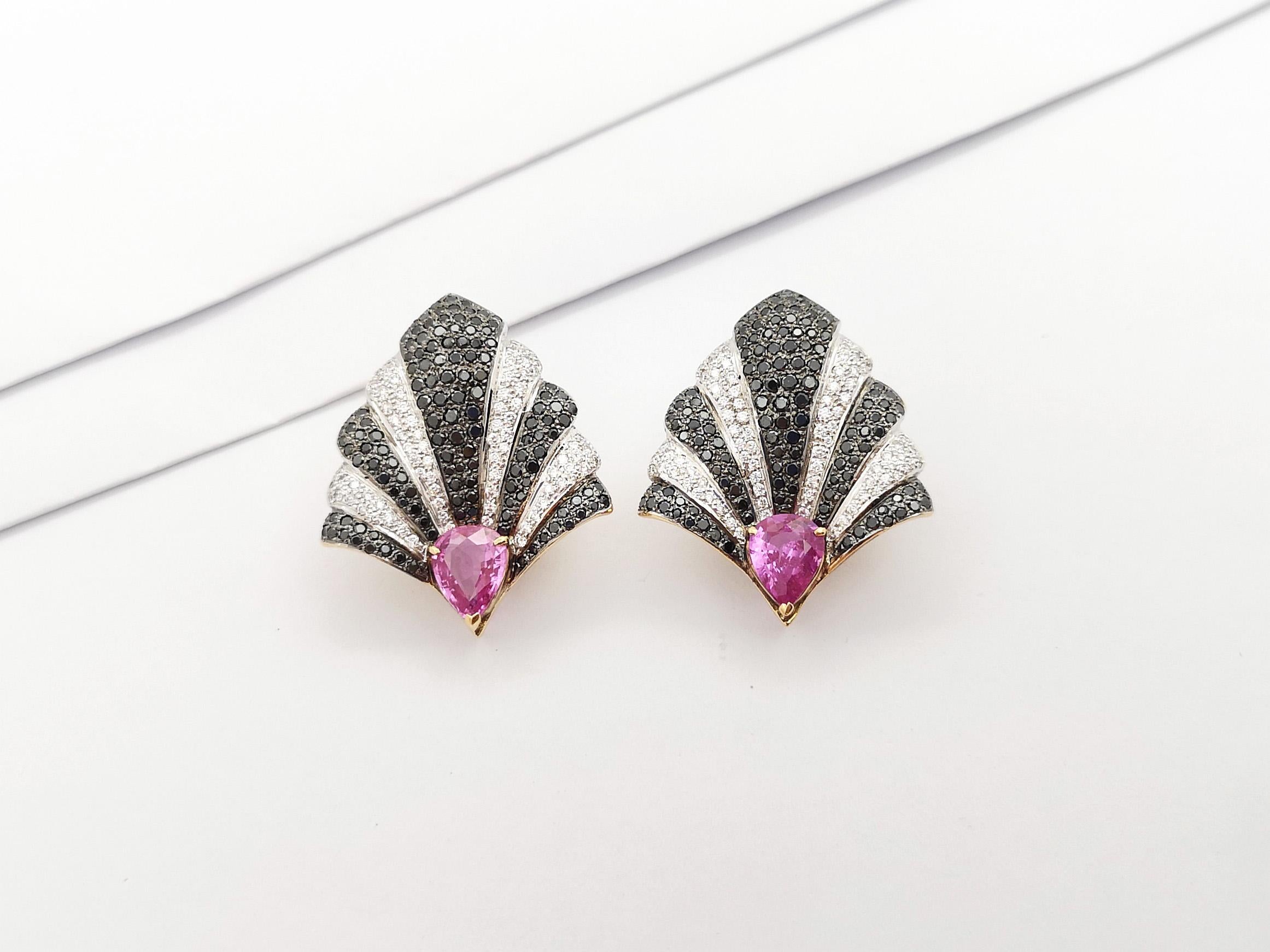 Women's Pink Sapphire, Diamond and Black Diamond Earrings set in 18K Gold Settings For Sale