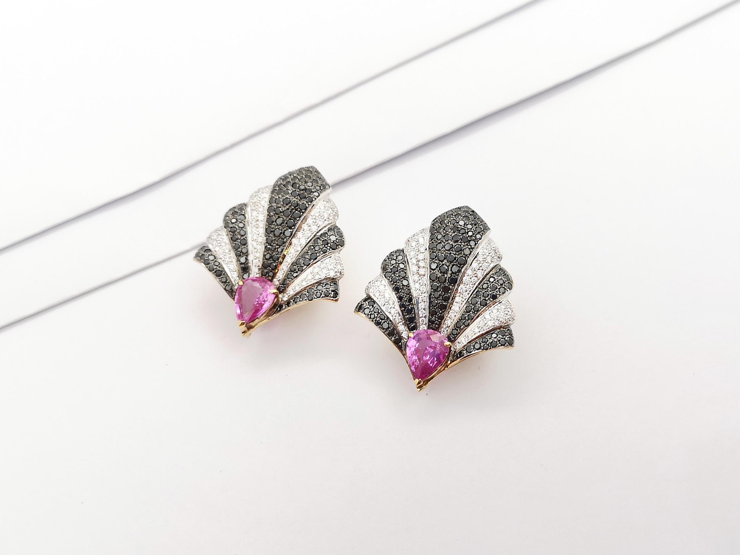 Pink Sapphire, Diamond and Black Diamond Earrings set in 18K Gold Settings For Sale 1