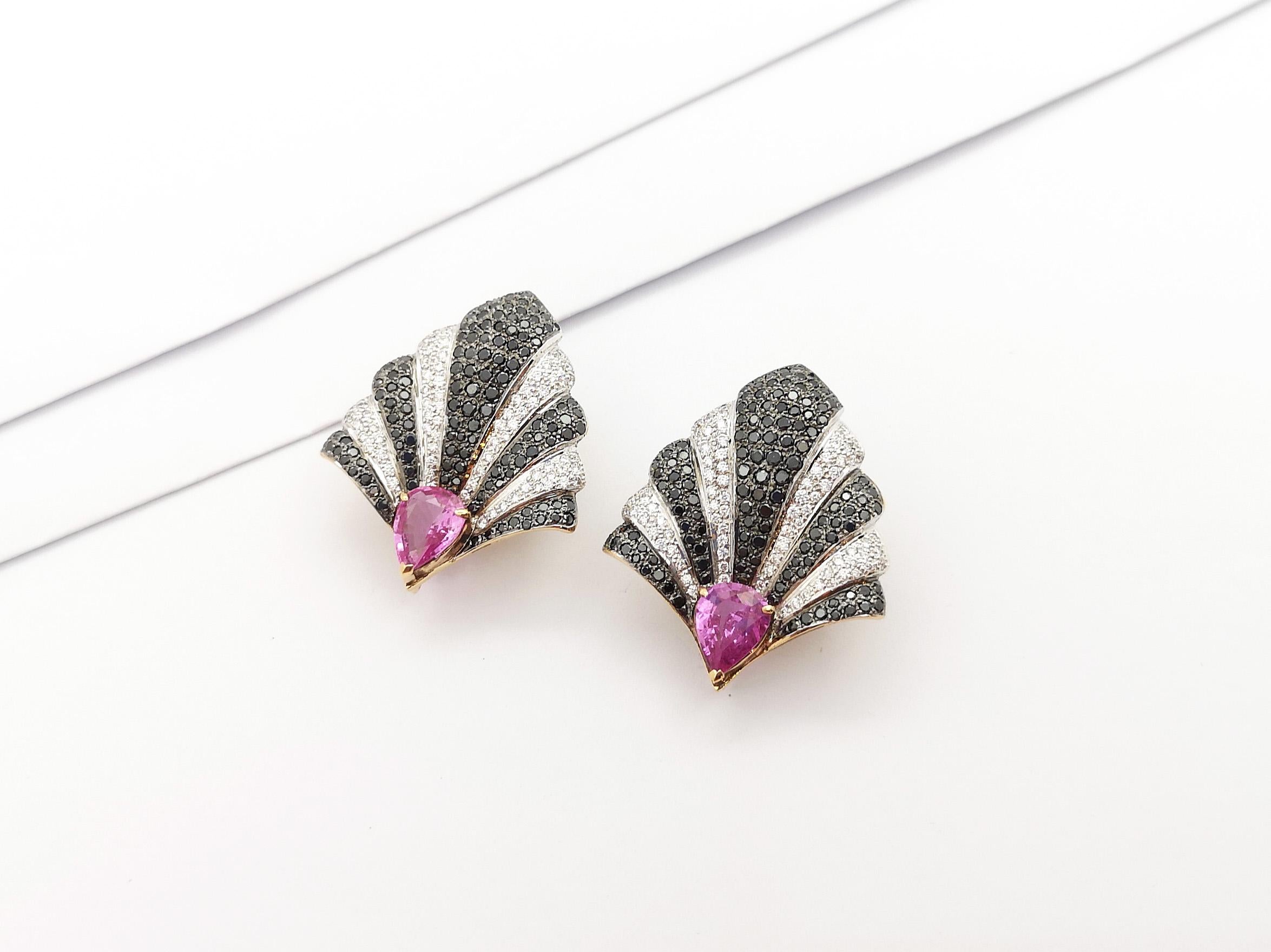 Pink Sapphire, Diamond and Black Diamond Earrings set in 18K Gold Settings For Sale 2