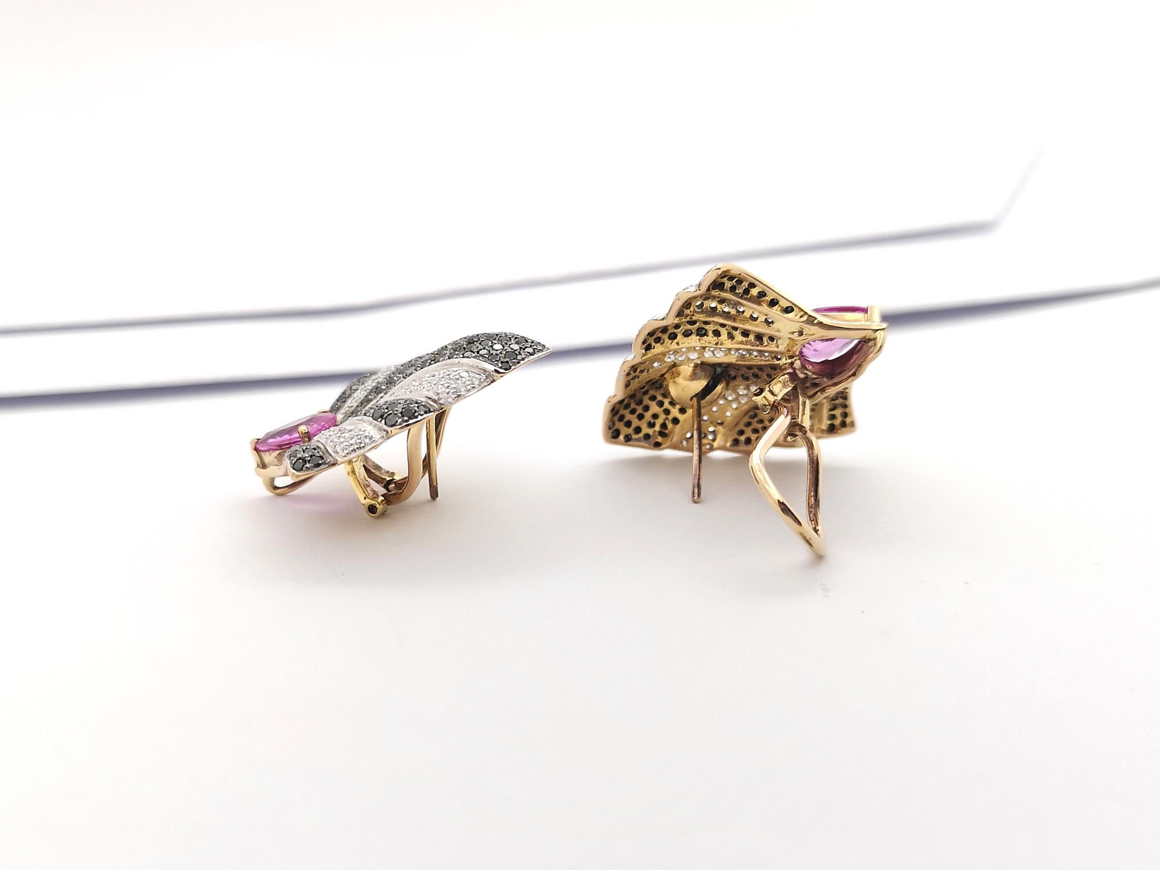 Pink Sapphire, Diamond and Black Diamond Earrings set in 18K Gold Settings For Sale 3
