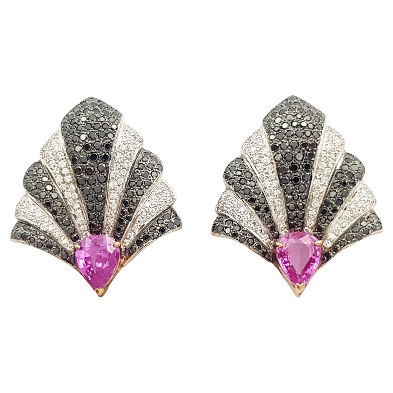 Pink Sapphire, Diamond and Black Diamond Earrings set in 18K Gold Settings For Sale