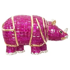 Pink Sapphire, Diamond and Black Sapphire Rhino Brooch set in 18K Rose Gold