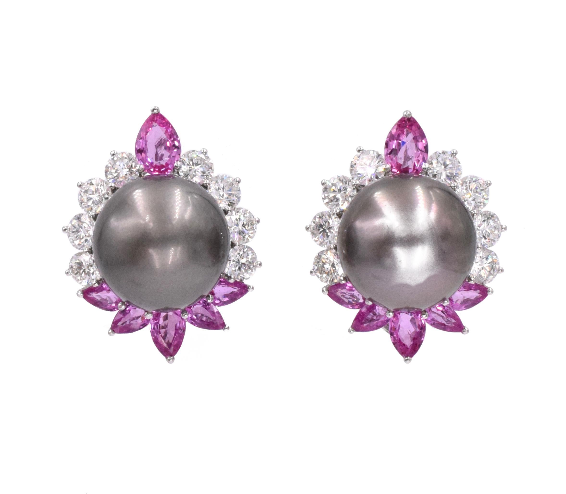 Artist Pink Sapphire, Diamond, and Cultured Grey Pearl Pendant and Earrings For Sale