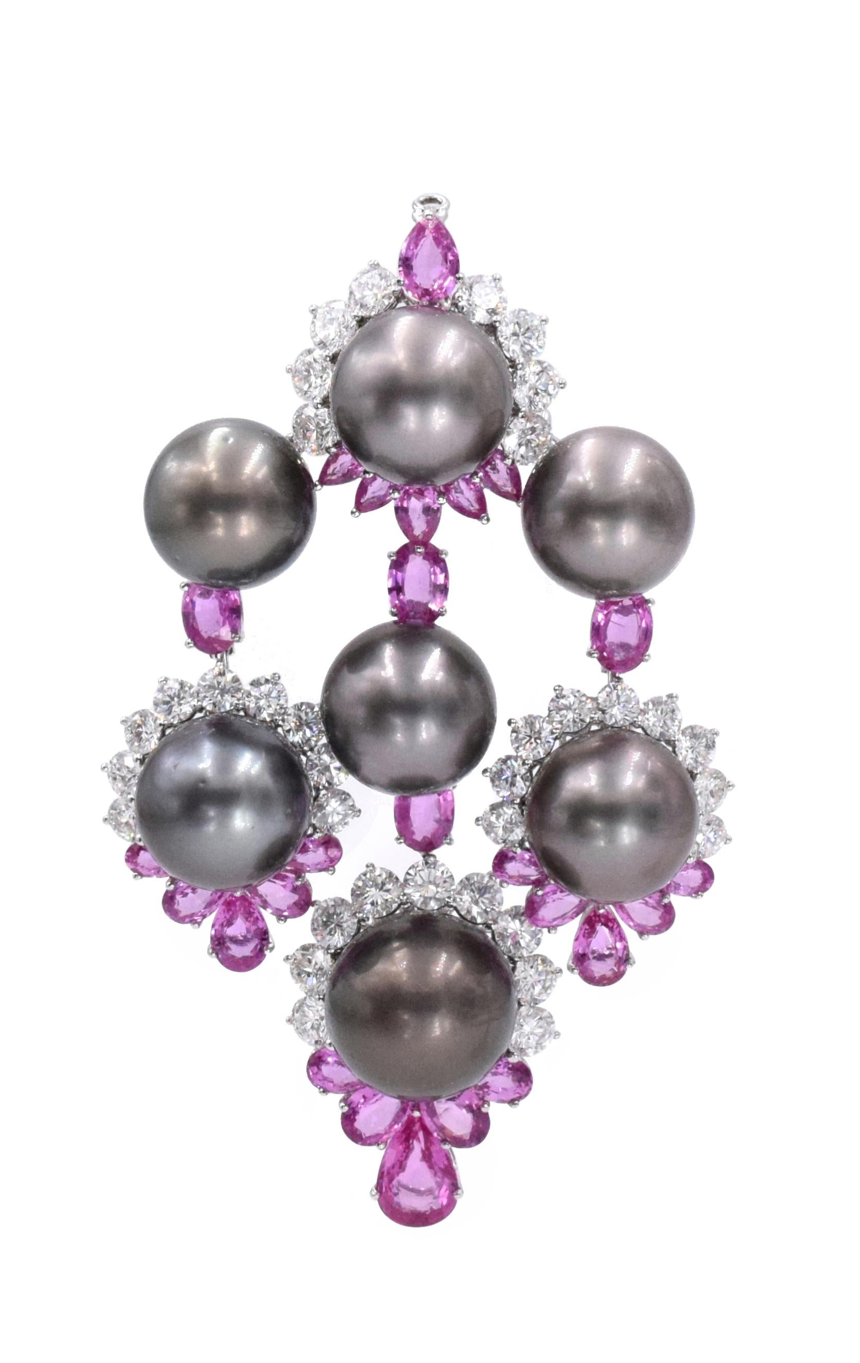 Round Cut Pink Sapphire, Diamond, and Cultured Grey Pearl Pendant and Earrings For Sale