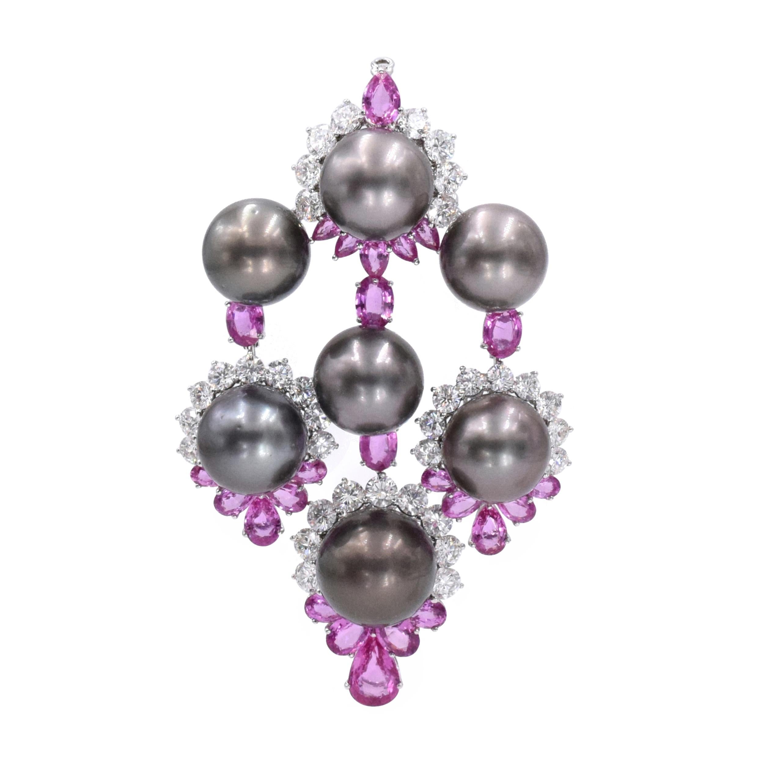 Women's or Men's Pink Sapphire, Diamond, and Cultured Grey Pearl Pendant and Earrings For Sale