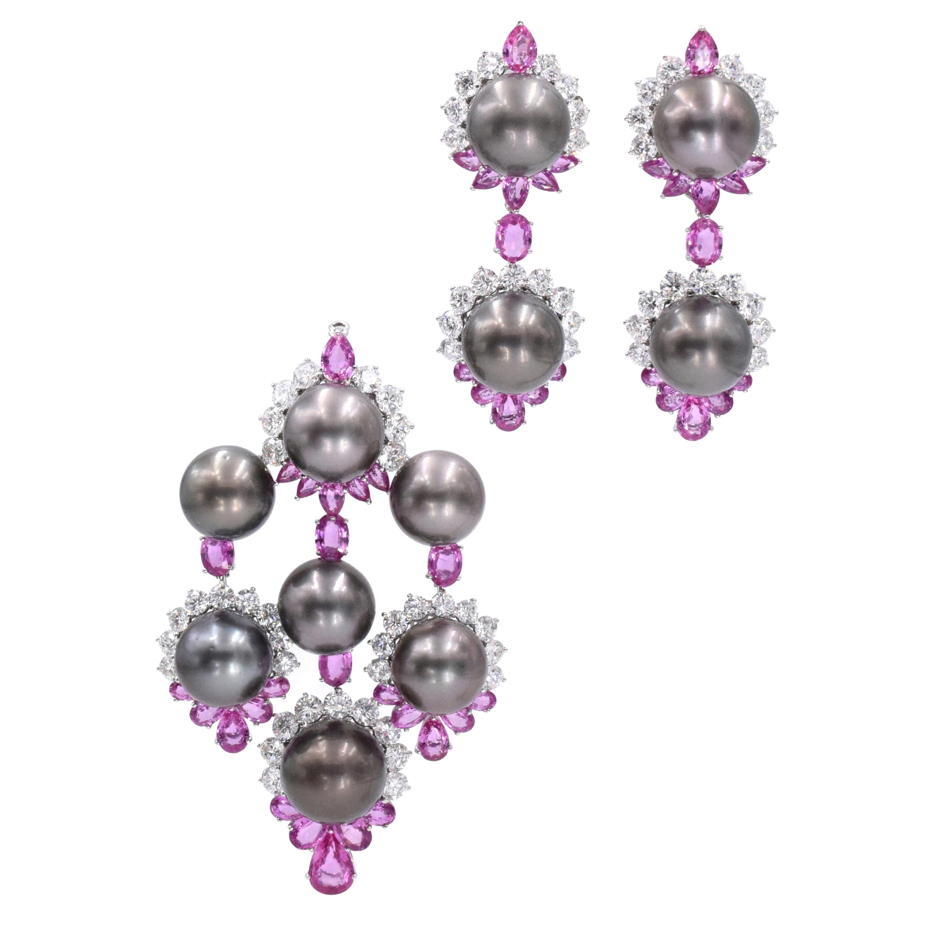 Pink Sapphire, Diamond, and Cultured Grey Pearl Pendant and Earrings