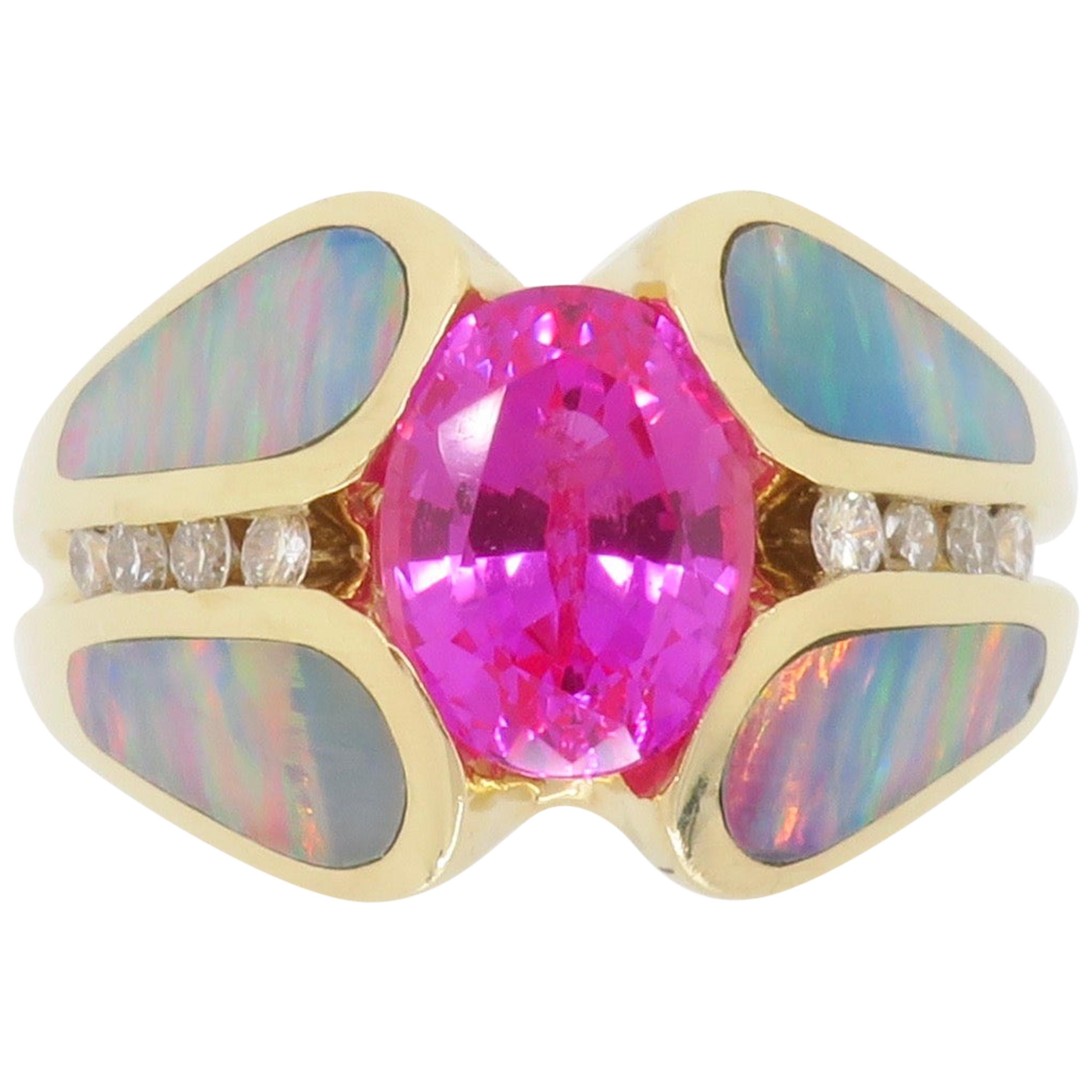 Pink Sapphire Diamond and Opal Ring Made in 14 Karat Yellow Gold